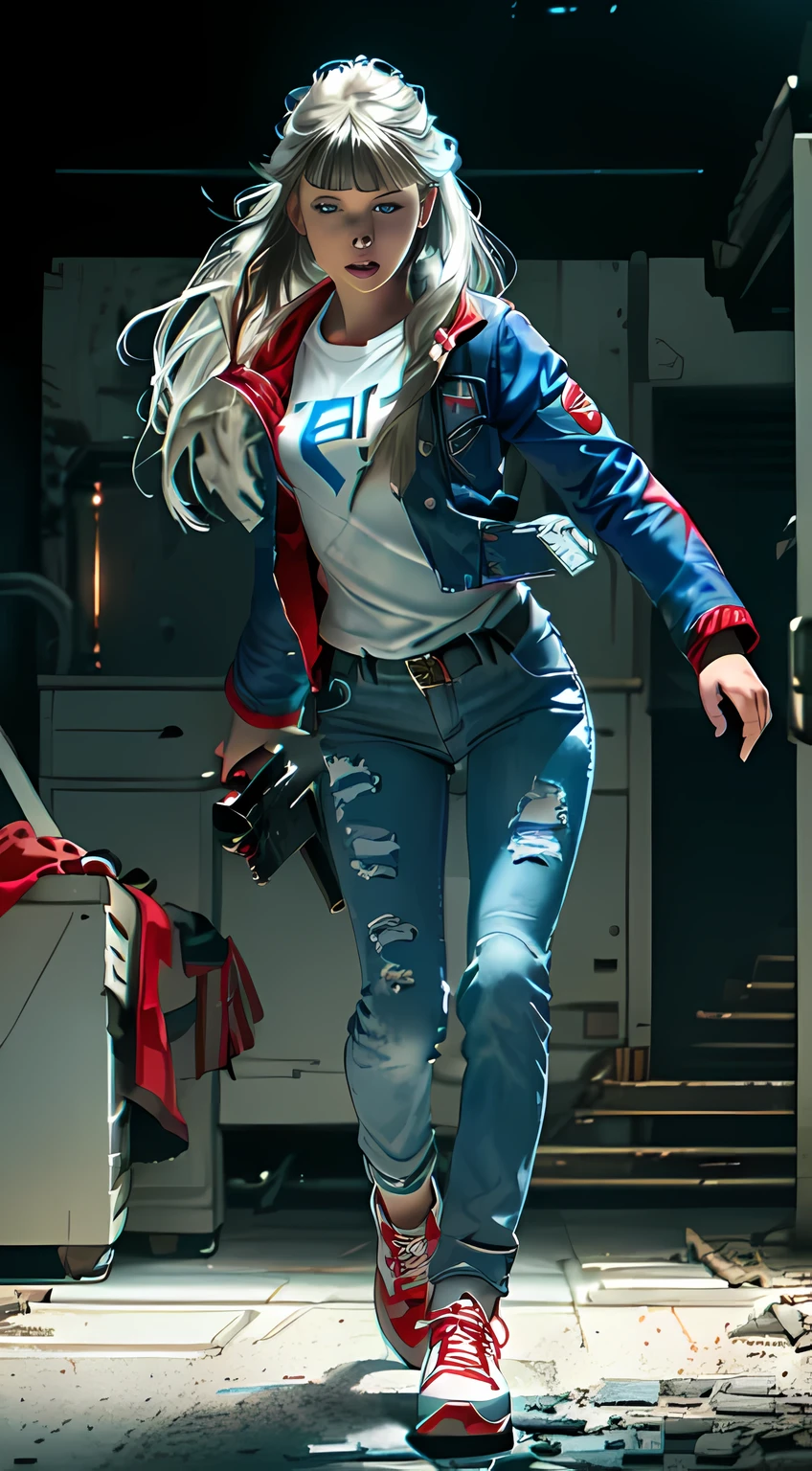 ((Sci-fi fantasy)), (Masterpiece), (professional oil painting) (best quality), (8k resolution), (1 beautiful girl), her name is Jessie and has blue eyes, ((pale gray skin)), (iron gray skin), ((blue jeans)), ((normal white shirt underneath red jacket)), ((red lipstick)), ((wearing black sneakers)), (comcept art), (small chest), (long hair), (messy hair), (white hair), (iron gray hair), ((action scene)), ((Jessie is in a chase)), (Jessie is with left arm outstretched with a pistol in her hand and aiming), ((staring at the gun)) (expression of fear on the roto), scene tença, (1 black pistol shooting)