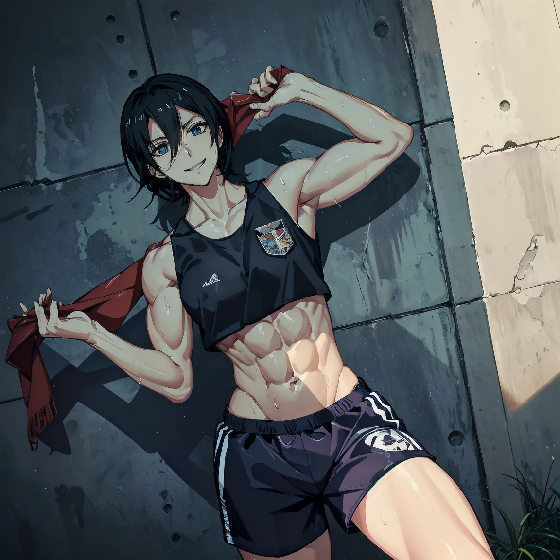 masterpiece, UHD, 4k, highres, ultra highres, hd, best quality, anime, anatomically accurate, detailed face, detailed skin, detailed, pretty face, 1girl, mikasa ackerman, mikasa, short hair, black hair, attack on titan, abs, navel, midriff, belly button, abdominal, stretching, fully clothed, tank top, shorts, thighs, work out, working out, muscular, biceps, pectoral muscles, smile, standing, sweating, wet skin, glossy skin, on top of the wall, concrete wall, day time, mikasa is standing on top of wall maria, scout regiment logo, scout regiment embroidery, scout regiment patch,