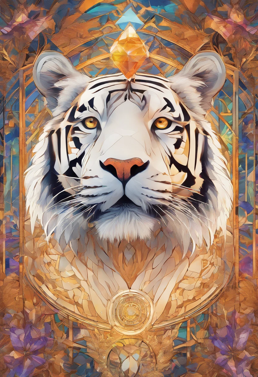 A high quality digital art illustration of a perfect alignment of white tiger creatures in a crystal style, emanating luminescence, standing in a centered position. The abstract beauty of the scene is highlighted as the creatures look directly at the camera with flawless and dynamic poses. The image is highly detailed, showcasing intricate patterns and designs. The background is white, enhancing the geometric artistry of the composition.
Tints resembling stained glass are incorporated into the artwork, creating a vibrant and colorful display. Ores and crystals, akin to spines, grow elegantly from the creatures' backs, adding a magical and mystical element to the piece. The overall style leans towards lineart-ish aesthetics, defining the shapes with precision and clarity.
This illustration is rendered in 8K high resolution, ensuring every aspect is sharp and crisp. The digital art showcases the meticulous artistry and creativity put into the creation of this mesmerizing scene. The artwork invites viewers into a world of fantasy and wonder, where white tiger creatures captivate with their ethereal presence.