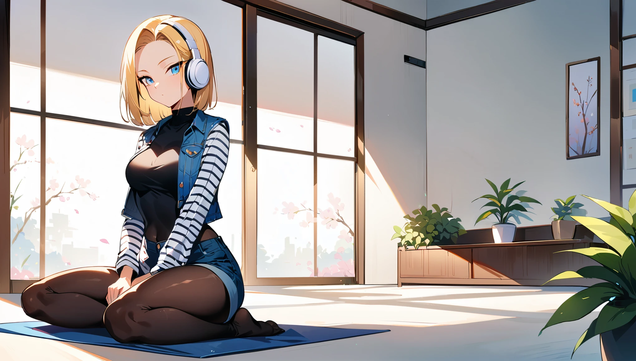 (masterpiece, best quality:1.2), frontal full body shot of 1girl, solo, Android 18 from Dragon Ball, slender feminine figure with slim toned legs, a narrow waistline accentuating her curves, meditation, (white headphones), short blonde hair, blue eyes, earrings, jewelry, denim vest, black pantyhose, black fitted and cropped camisole hugging her waist, denim shorts, striped long sleeves, meditating, sitting on yoga mat facing directly towards the camera, a cross-legged seated meditation pose, (hands resting on the knees), upright spine, mindfulness, Zen Meditation, Easy Pose, upper body straight, face serene yet engaging, white potted plant in the background behind her, an additional small white potted plant in the foreground, chic and pristine futuristic white room with sleek lines and minimalist decor, no clutter, large window with cherry blossoms blooming outside visible behind the potted plant in the background, 4K