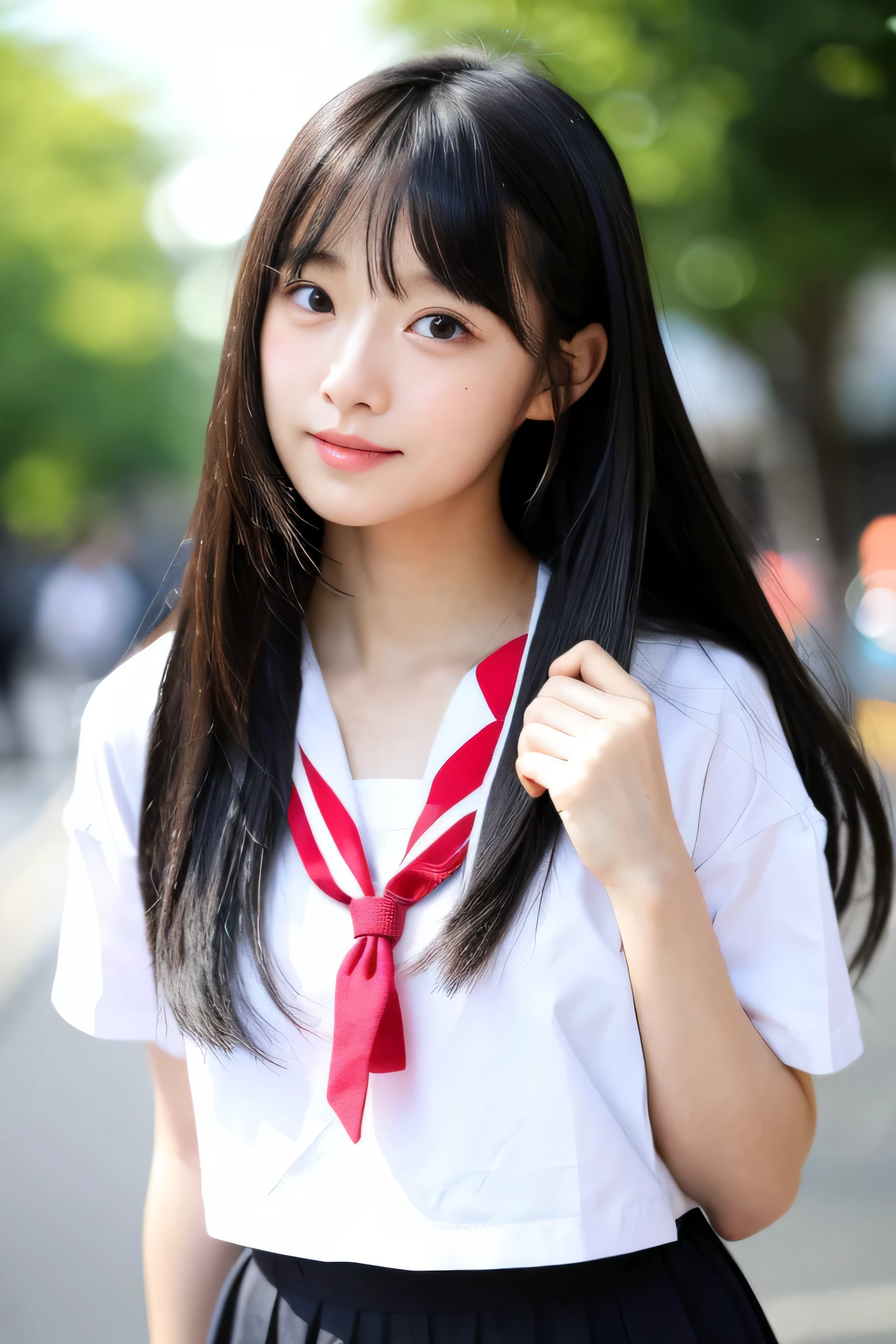 ((highest quality)), ((Masterpiece 1.3)), (Familiar)　((whole bodyフルショット:1.3)　 One Woman　From behind　(whole body)　Beautifully detailed face　8k, ,(Actual, Vibrant:1.4), 8k, Photorealistic, RAW Photos, Best image quality: 1.4), clear, Idol Style、、Pay attention to the details、double eyelid、Chest to Chest、Sharp focus:1.2、Beautiful woman:1.4　She has innocent joy .１２Middle school students　Japanese Sailor Suit　(sneakers)　Correct Five Fingers in Human Anatomy　neat bangs　Trimmed Princess Cut (Ridiculously long hair)long black shiny hair, very Long black hair, shiny long hair, thick, Shiny black hair, The woman has Long black hair, black silky hair, Long black hair, Long black hair, Long black hair, Her hair is long and straight, long and thin black hair, detailed Long black hair　Long black hair, Long black hair, Long black hair