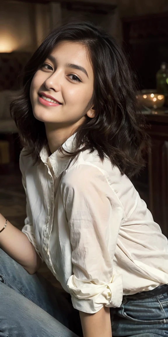 A photorealistic portrait of a cute Indian 18-year-old girl with captivating beauty, sharp nose, light mole on his left cheek, her hair styled in a chic bob and dyed a mesmerizing black, dressed in a simple white tube blouse and white jeans that highlight her natural beauty. Big tits. The background should depict a luxurious bedroom, with soft lighting, comfortable seating. The girl's expression should be one of excited and enjoying, showcasing her enjoyment of the moment. 