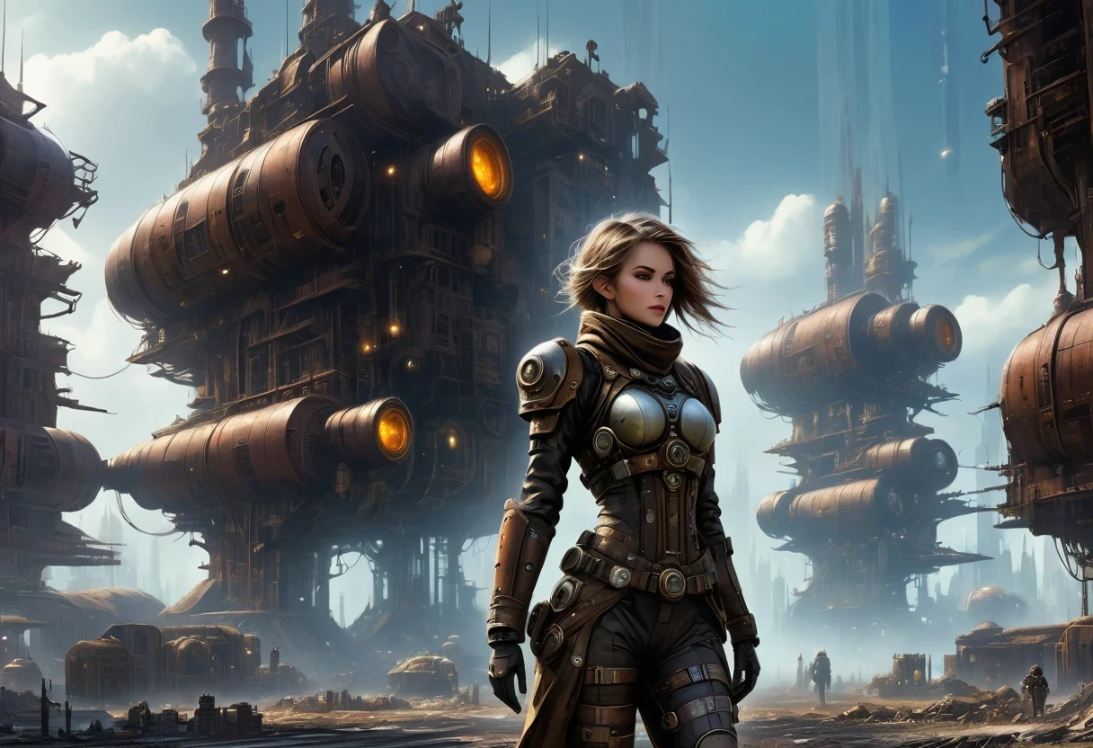 Future cyberpunk mechanical girl wearing a future gas mask walking through the destroyed future city,Silver Mechanical Girl,Mechanical joints,There are many rusty structures in the air, scenic Dystopian environment, Dystopian environment, Industrial science fiction, Industrial science fiction, Industrial science fiction, Steampunk space station base background, Dystopian digital concept art, Steampunk city, post-apocalyptic factory, Steampunk city of the future, Industrial science fiction, Steampunk concept art, Dystopian alien landscape, In a steampunk cityscape, Dystopian Landscape