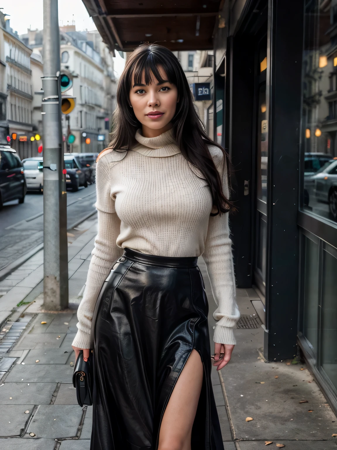 proFessional portrait photograph oF a gorgeous Smiling Bettie page girl in winter clothing with long wavy Black hair, black long maxi-skirt(black long maxi-skirt:1.2),sultry Flirty look, gorgeous symmetrical Face, joli maquillage naturel, wearing elegant warm winter Fashion clothing, black leather gloves, ((debout dehors dans une rue enneigée de la ville)), bag on her shoulders,superbe environnement urbain moderne, ultra realistic, art conceptuel, elegant, Very detailed, complexe, sharp Focus, depth oF Field, F/1. 8, 85mm, Coup moyen, midplane, (((proFessionally color graded))), bright soFt diFFused light, (volumetric Fog), tendance sur Instagram, hdr 4k, 8K