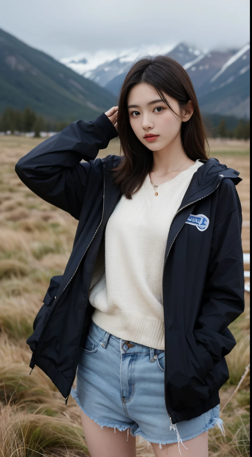 (for real:1.5)，Wear a windproof jacket，（Snow Mountain：1.5），grassland，emaciated，18 years old，A girl，