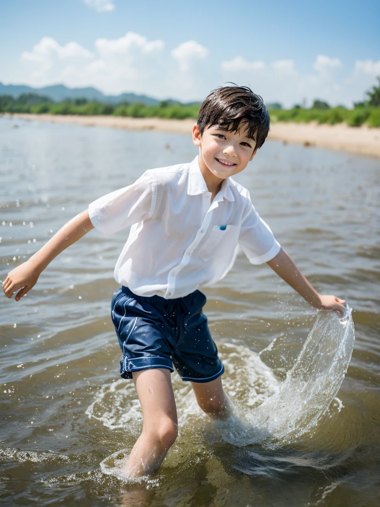 A -yeld bolaying in the water of a river all wet with a pleasant face, fine features, white skin, strong legs, very light brown hair.