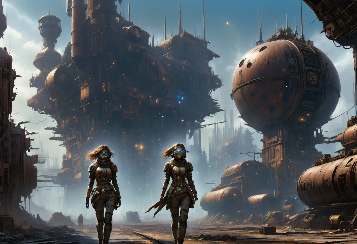 Future cyberpunk mechanical girl wearing a future gas mask walking through the destroyed future city,Silver Mechanical Girl,Mechanical joints,There are many rusty structures in the air, scenic Dystopian environment, Dystopian environment, Industrial science fiction, Industrial science fiction, Industrial science fiction, Steampunk space station base background, Dystopian digital concept art, Steampunk city, post-apocalyptic factory, Steampunk city of the future, Industrial science fiction, Steampunk concept art, Dystopian alien landscape, In a steampunk cityscape, Dystopian Landscape