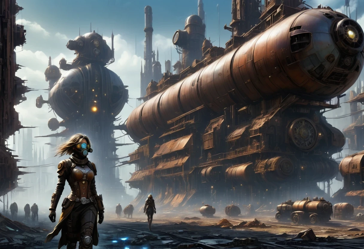 Future cyberpunk mechanical girl wearing a future gas mask walking through the destroyed future city,Silver Mechanical Girl,There are many rusty structures in the air, scenic Dystopian environment, Dystopian environment, Industrial science fiction, Industrial science fiction, Industrial science fiction, Steampunk space station base background, Dystopian digital concept art, Steampunk city, post-apocalyptic factory, Steampunk city of the future, Industrial science fiction, Steampunk concept art, Dystopian alien landscape, In a steampunk cityscape, Dystopian Landscape