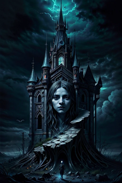highres,ultra-detailed,realistic:1.37,dark fantasy,gothic style,(Bearer of the curse),(Seek souls. Larger, more powerful souls.),(Seek the king, that is the only way.),(Lest this land swallow you whole. As it has so many others),medium:oil painting,dark and mysterious atmosphere,desolate landscape,majestic castle in the distance,cold and foggy weather,gloomy and haunting ambience,ruined statues and broken architecture,ominous shadows and silhouettes,dark color palette with deep blues and grays,dramatic and dynamic lighting,vivid and intense colors on the castle,mysterious and magical glow around the protagonist,eyes with a hint of glowing blue,decaying and overgrown vegetation,ragged and worn clothing,grave expression on the protagonist's face,ancient symbols and runes,whispers of lost souls,haunting soundtrack.