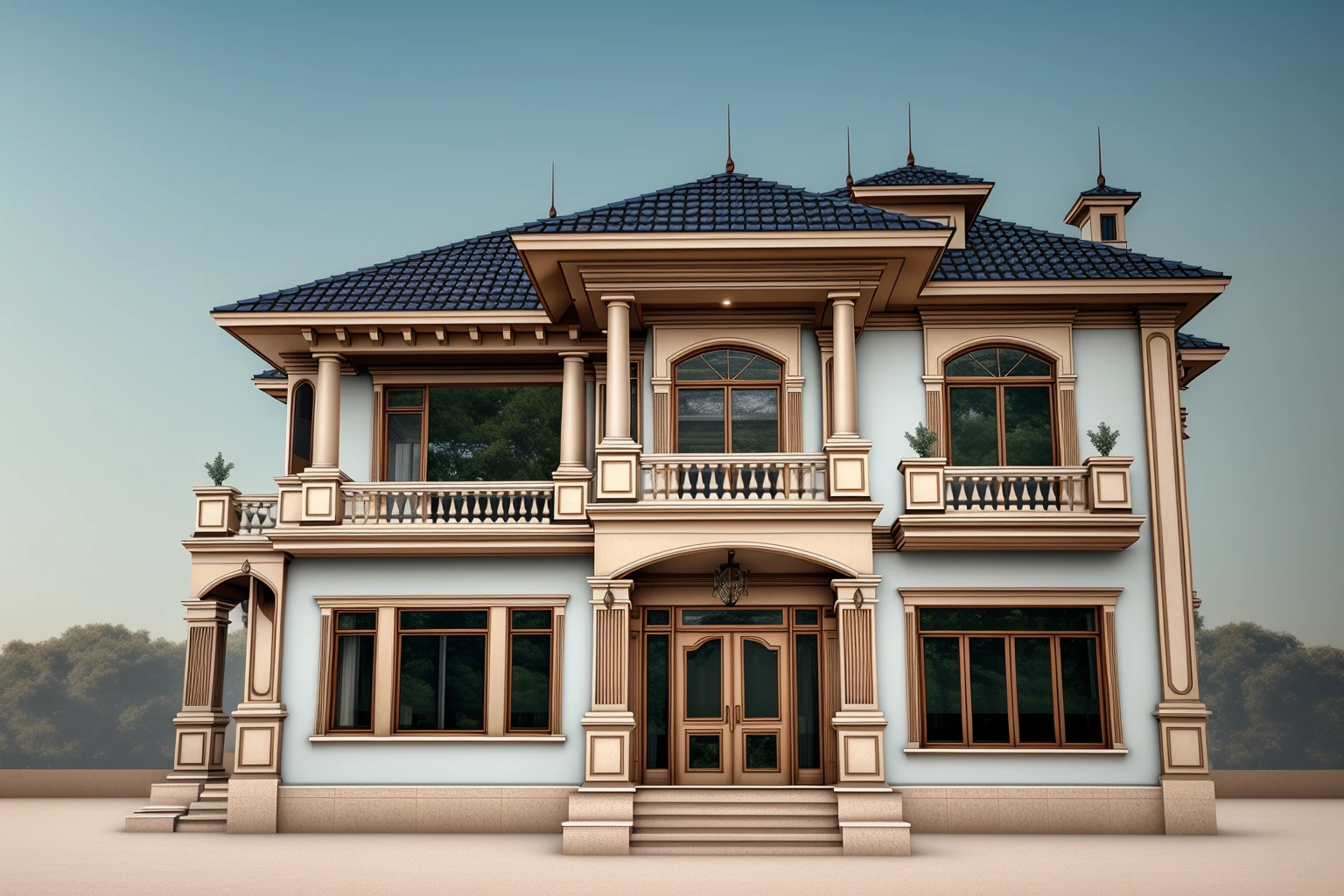 a drawing of a large white house with a brown door, neo - classical style, frontview, exterior design, highly detailed architecture, neoclassical style, classicism style, architectural illustration, front perspective, an extremely detailed building, neo-classical, neo - classical, detailed architecture, classical style, elegant architecture, classical architecture, exquisite architecture, architectural rendering, complete house