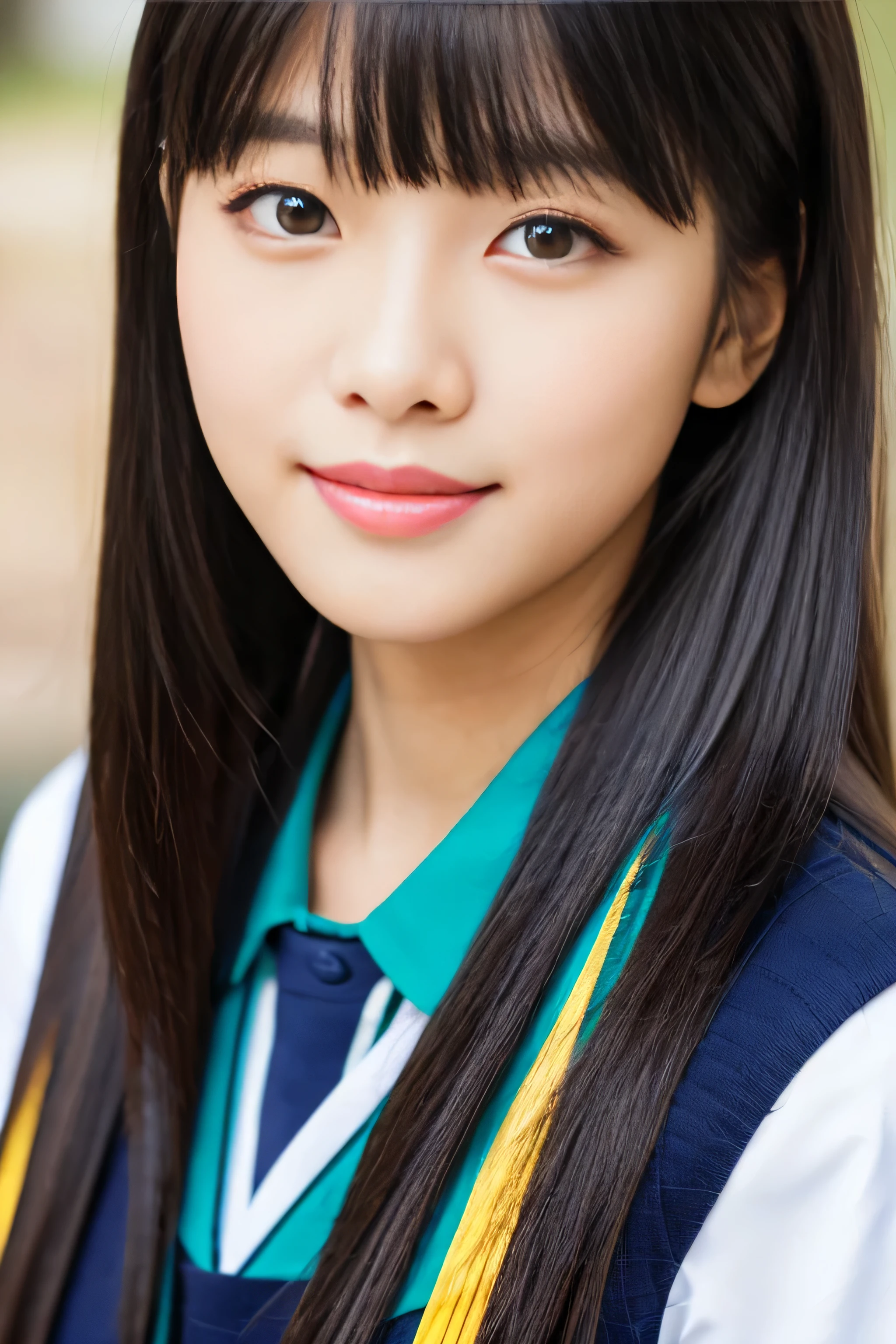 ((highest quality)), ((Masterpiece 1.3)), (Familiar) ((Face close-up:1.3) One Woman Beautifully detailed face 8k, ,(Actual, Vibrant:1.4), 8k, Photorealistic, RAW Photos, Best image quality: 1.4), clear, Idol Style、、Pay attention to the details、double eyelid、Chest to Chest、Sharp focus:1.2、Beautiful woman:1.4 She has innocent joy .12Middle school students Japanese Sailor Suit Correct Five Fingers in Human Anatomy neat bangs Trimmed Princess Cut (Ridiculously long hair)long black shiny hair, very Long black hair, shiny long hair, thick, Shiny black hair, The woman has Long black hair, black silky hair, Long black hair, Long black hair, Long black hair, Her hair is long and straight, long and thin black hair, detailed Long black hair Long black hair, Long black hair, Long black hair
