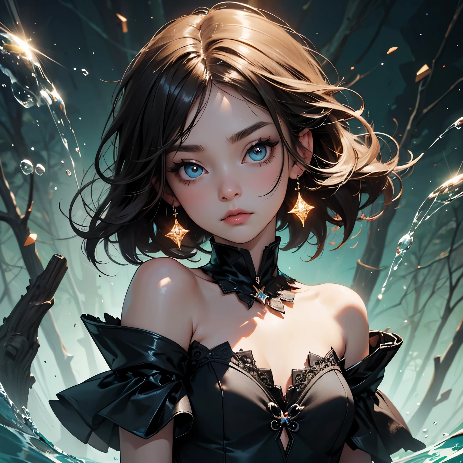 Masterpiece, water,best quality, super high resolution, fluorescent color,1 girl, looking at the audience, beautiful face, beautiful eyes, (bare shoulder: 1.2), head up, upper body, forest, shiny hair, shiny skin, glowing cut, chibi, 1.5, black starlight dress, particles