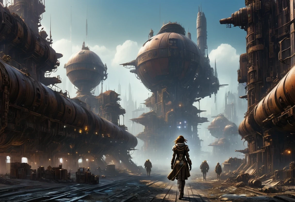 Future cyberpunk mechanical girl wearing a future gas mask walking through the destroyed future city，Silver Mechanical Girl，There are many rusty structures in the air, scenic Dystopian environment, Dystopian environment, Industrial science fiction, Industrial science fiction, Industrial science fiction, Steampunk space station base background, Dystopian digital concept art, Steampunk city, post-apocalyptic factory, Steampunk city of the future, Industrial science fiction, Steampunk concept art, Dystopian alien landscape, In a steampunk cityscape, Dystopian Landscape