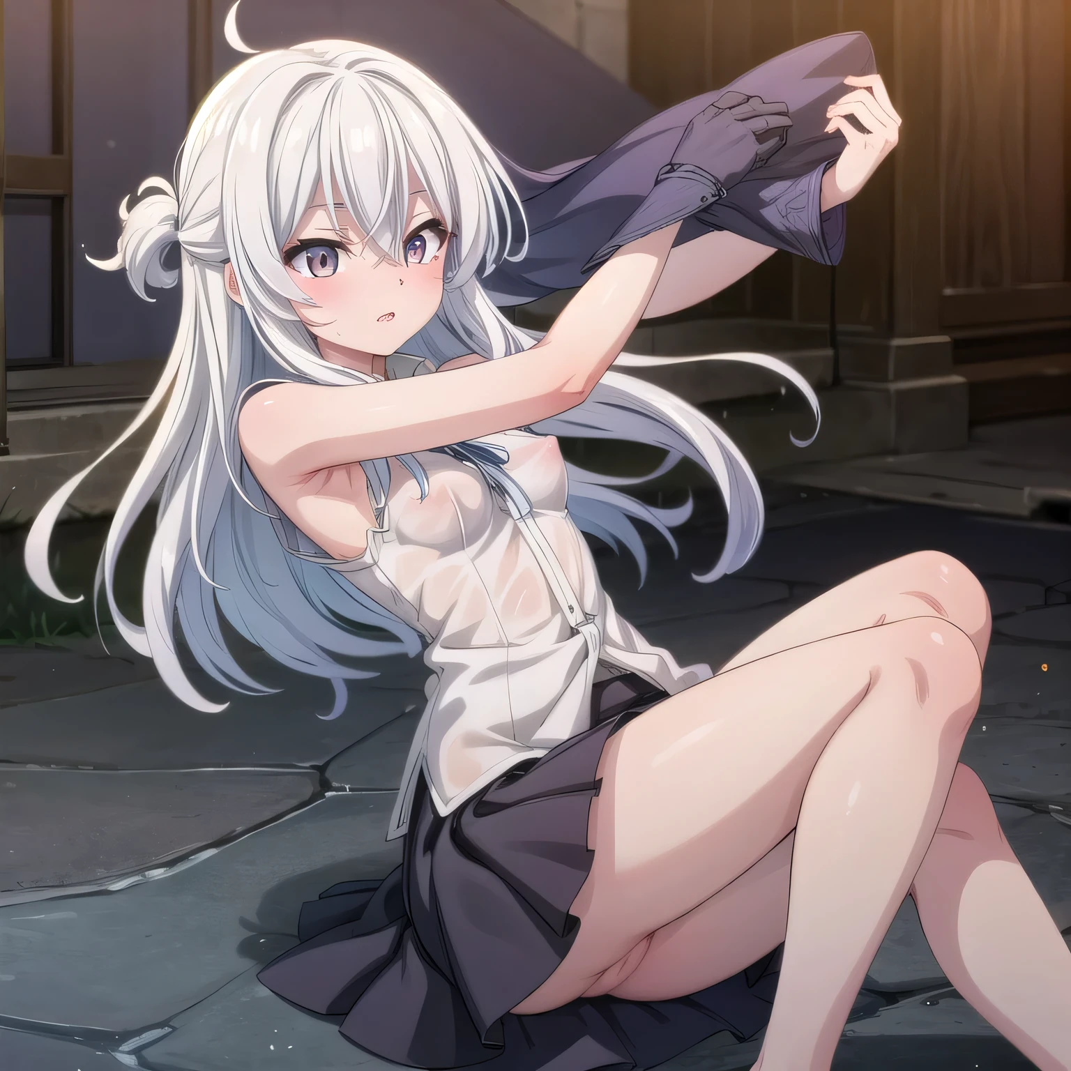 realistically, longhair, glitter silver hair, brown eyes, glowing eyes, white short skirt, super shot skirt, Blush, daytime, Wet from the rain, see through, sleeveless shirt, nipples, , pussy, crotch, surprise, hugging your knees, windy, elaina, the skirt is flipped up, masterpiece, highest quality, very High resolution, (detailed and beautiful eyes), highly detailed face, perfect lighting, Very detailed CG, (perfect hands, perfect anatomy), witch, seduce expression, bottomless, sex appeal, armpit, slender,