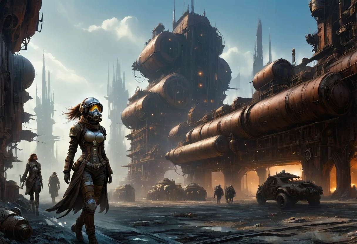 Future cyberpunk mechanical girl wearing a future gas mask walking through the destroyed future city,Silver Mechanical Girl,There are many rusty structures in the air, scenic Dystopian environment, Dystopian environment, Industrial science fiction, Industrial science fiction, Industrial science fiction, Steampunk space station base background, Dystopian digital concept art, Steampunk city, post-apocalyptic factory, Steampunk city of the future, Industrial science fiction, Steampunk concept art, Dystopian alien landscape, In a steampunk cityscape, Dystopian Landscape