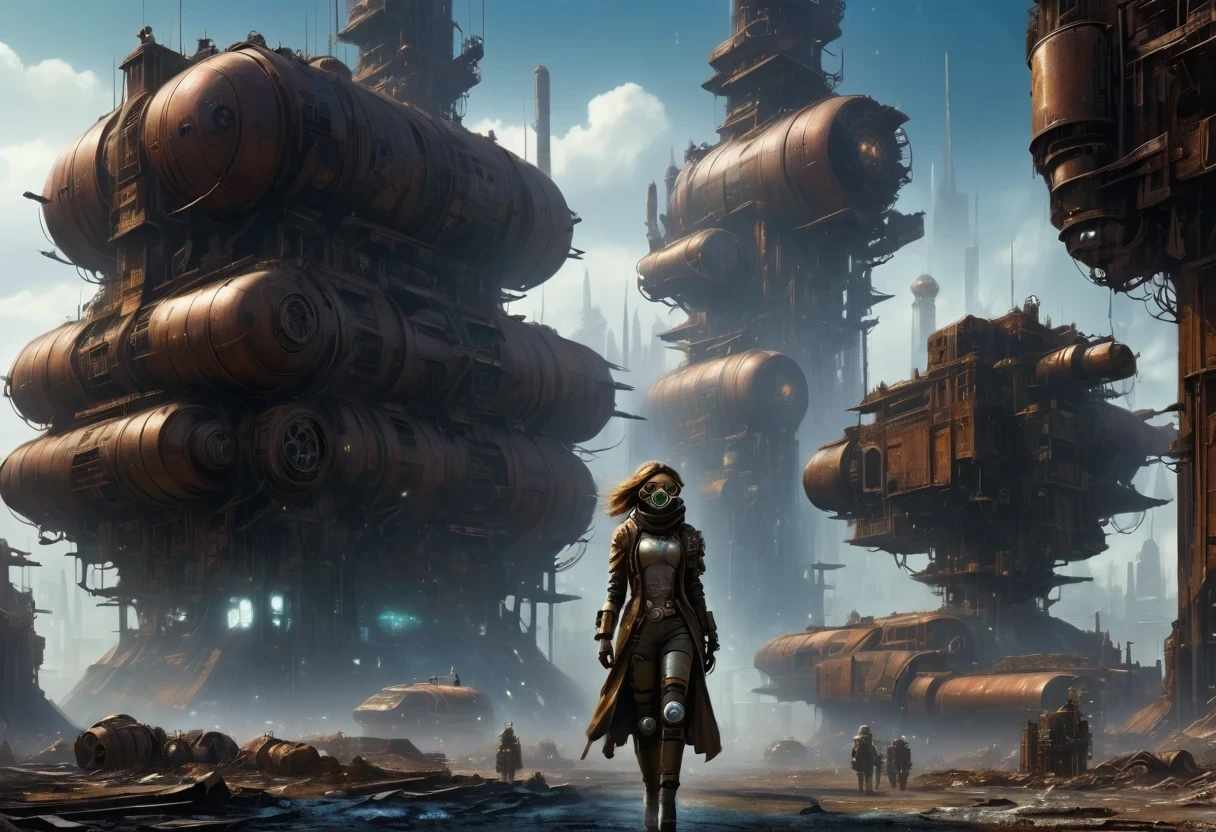 Future cyberpunk mechanical girl wearing a future gas mask walking through the destroyed future city,Silver Mechanical Girl,There are many rusty structures in the air, scenic Dystopian environment, Dystopian environment, Industrial science fiction, Industrial science fiction, Industrial science fiction, Steampunk space station base background, Dystopian digital concept art, Steampunk city, post-apocalyptic factory, Ancient Steampunk City, Industrial science fiction, Steampunk concept art, Dystopian alien landscape, In a steampunk cityscape, Dystopian Landscape