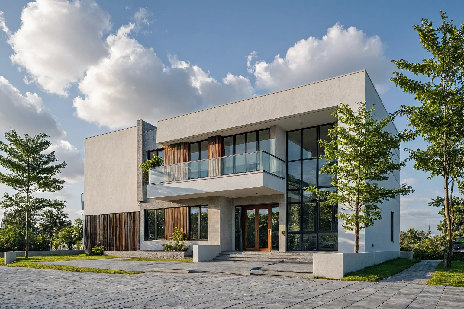 Masterpiece, high quality, best quality, authentic, super detail, outdoors, onestoreyvillaXL, aiaigroup, house style modern on the street ,stairs, white wall ,road,pavement, grass, trees, sky, cloud, (daylight:1.1)
