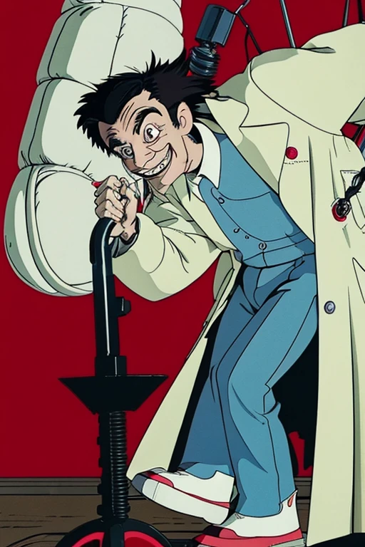 Full body zany/crazy cartoon scientist character, in the style of Inside video game, extremely short stature, grossly oversized head, few spiky white hairs on top, twisted exaggerated facial features, bulging wide eyes with manic glint, yellowed protruding buck teeth grin, tattered stained white lab coat reaching past knees, pockets stuffed with odd gadgets/tools, elongated bony arms with claw-like hands, spindly legs much too long for body, unsettling mad eccentric scientist vibe, muted monochrome palette with eerie red splashes of color