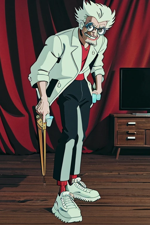 Full body zany/crazy cartoon scientist character, in the style of Inside video game, extremely short stature, grossly oversized head, few spiky white hairs on top, twisted exaggerated facial features, bulging wide eyes with manic glint, yellowed protruding buck teeth grin, tattered stained white lab coat reaching past knees, pockets stuffed with odd gadgets/tools, elongated bony arms with claw-like hands, spindly legs much too long for body, unsettling mad eccentric scientist vibe, muted monochrome palette with eerie red splashes of color