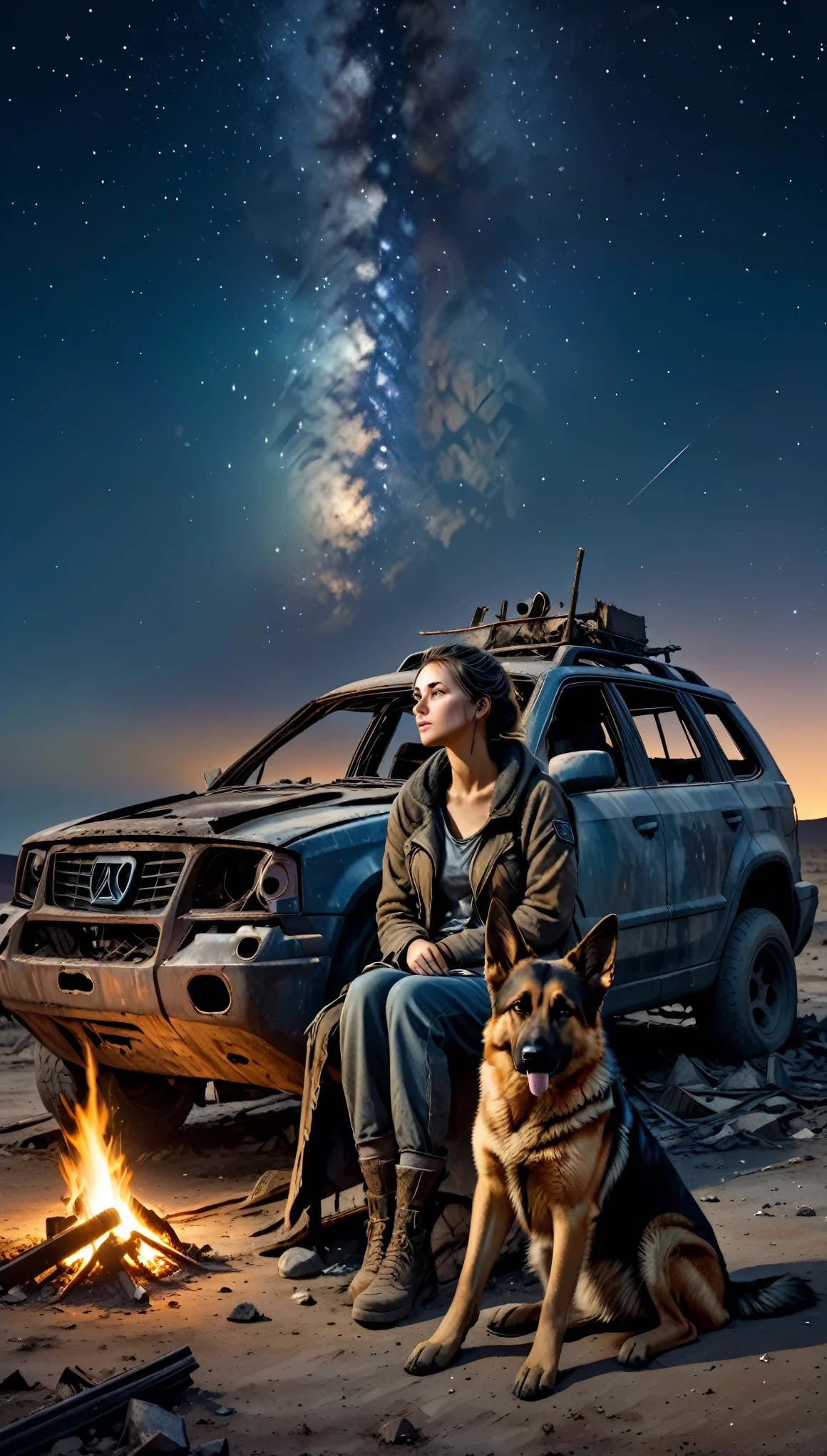 a lonely woman and her German shepherd, post-apocalyptic wasteland, night, the woman is dirty and tired, her clothes are worn out, she is sitting by the fire and watching the stars in the sky, she is leaning against the wreck of a broken part of the car, the dog is sleeping next to her, wilderness, ruins, desert landscape, beautiful night sky,