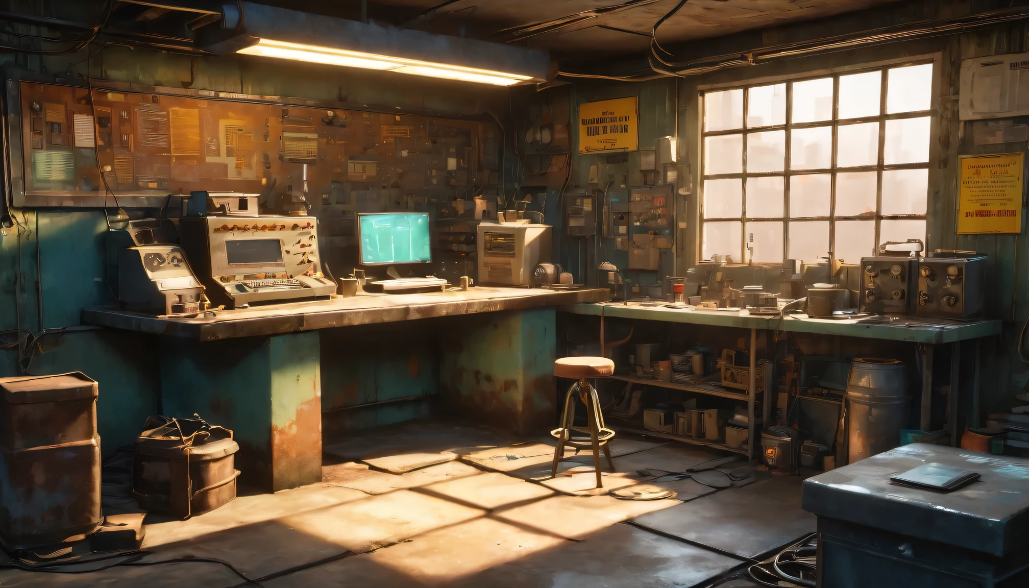 best quality, 4k, 8k, highres, masterpiece:1.2, ultra-detailed, realistic:1.37, HDR, UHD, studio lighting, ultra-fine painting, sharp focus, physically-based rendering, extreme detail description, professional, vivid colors, bokeh, (《Fallout 4》Repair Station), rusty metal walls, flickering fluorescent lights, scattered tools and spare parts, a dusty workbench filled with old computer and wires, repair manuals stacked haphazardly, small windows covered in grime, a sign that says "Welcome to the Repair Station", a poster of a nuclear reactor with warning signs, old coffee mugs with faded logos, graffiti on the walls, color scheme with desaturated, muted tones, giving a sense of the post-apocalyptic world soft, dim lighting from the flickering fluorescent lights, casting eerie shadows on the walls and objects