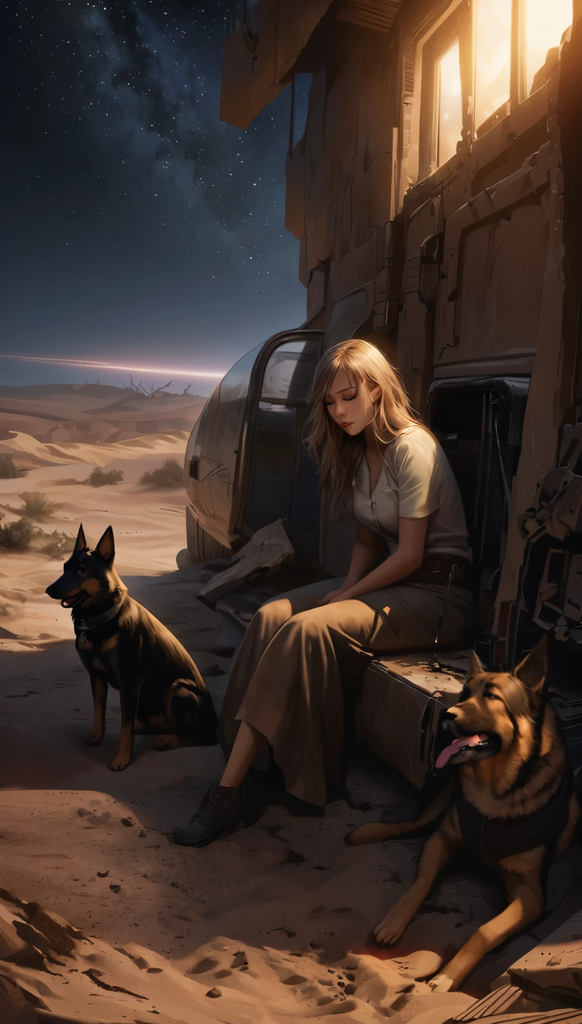 a lonely woman and her German shepherd, post-apocalyptic wasteland, night, the woman is dirty and tired, her clothes are worn out, she is sitting on the ground by the fire and watching the stars in the sky, she is leaning against the wreck of a broken part of the airplane, the dog is laying and sleeping next to her, wilderness, ruins, desert landscape, beautiful night sky, detailed, realistic, dirt, sand, dangerous,