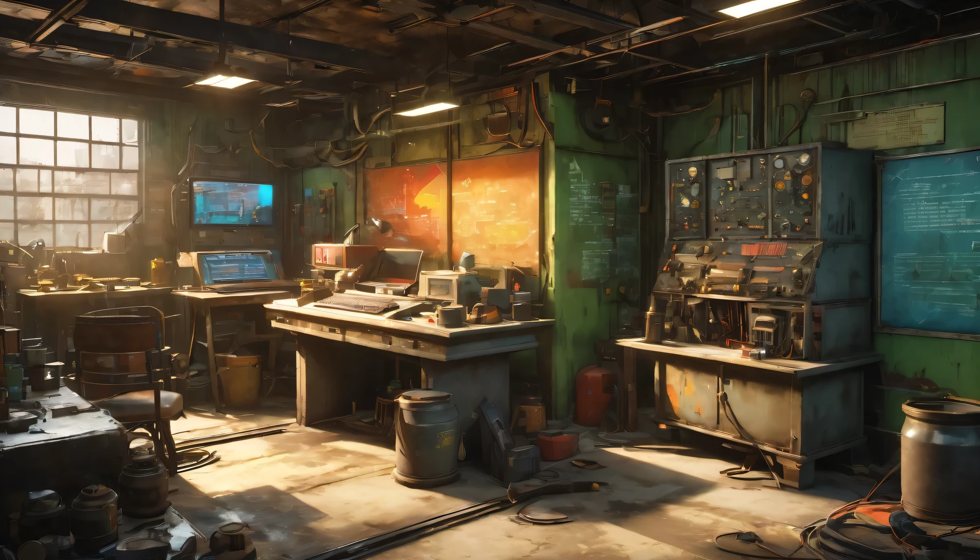 best quality, 4k, 8k, highres, masterpiece:1.2, ultra-detailed, realistic:1.37, HDR, UHD, studio lighting, ultra-fine painting, sharp focus, physically-based rendering, extreme detail description, professional, vivid colors, bokeh, (《Fallout 4》Repair Station), rusty metal walls, flickering fluorescent lights, scattered tools and spare parts, a dusty workbench filled with old computer and wires, repair manuals stacked haphazardly, small windows covered in grime, a sign that says "Welcome to the Repair Station", a poster of a nuclear reactor with warning signs, old coffee mugs with faded logos, graffiti on the walls, color scheme with desaturated, muted tones, giving a sense of the post-apocalyptic world soft, dim lighting from the flickering fluorescent lights, casting eerie shadows on the walls and objects