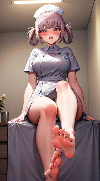 masterpiece,highres,origen,neogen,1girl,smirk,blush,open mouth,sitting on the bed,legs, legs focus,feet,bare feet,(five toes1.5),soles of feet,sweating,steam,in the hospital,from below,nurse