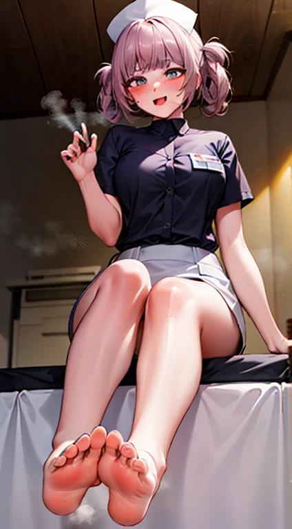 masterpiece,highres,origen,neogen,1girl,smirk,blush,open mouth,sitting on the bed,legs, legs focus,feet,bare feet,(five toes1.5),soles of feet,sweating,steam,in the hospital,from below,nurse