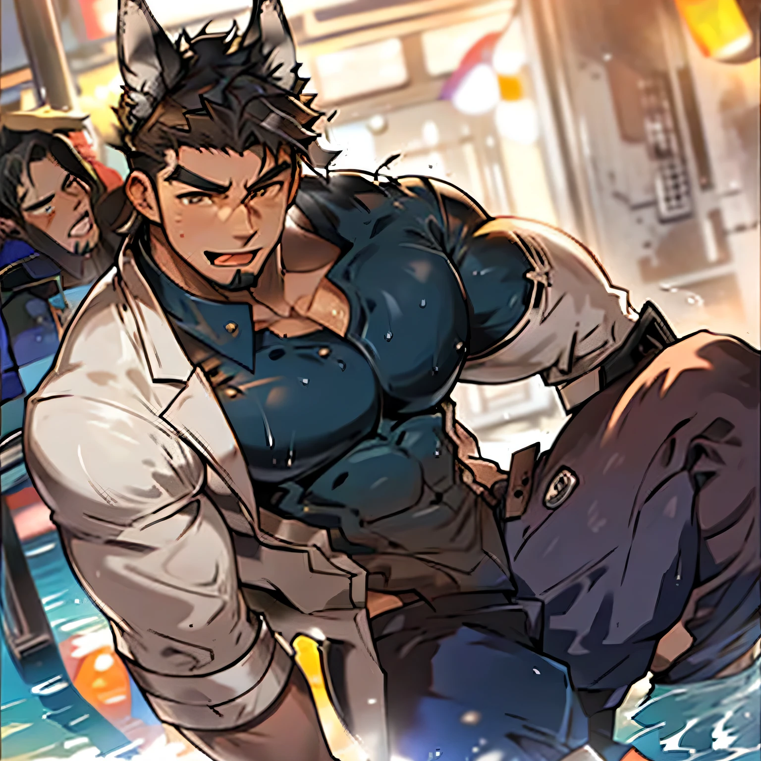 Male, Handsome, Muscles, Wet, Tongue Out,Goatee, Wolf Ears, Black Hair, Brown Eyes.