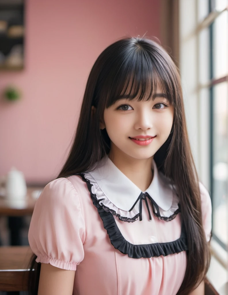 close up face, small smile, ( girl), (petite), (p detailed frilly dress), beautiful long straight hair, blunt bangs, black hair, A coffee date. Soft lighting envelops the room, and the aroma of freshly brewed coffee fills the air. Two cups and spoons are neatly arranged on the table, and through the window, a glimpse of the outside world can be seen.