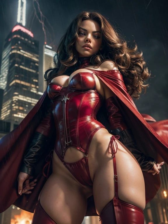 portrait photography, Amanda Seyfried as Scarlett Witch, Cyberpunk red dress & Scarlett Witch golden costume, neckline, pinching, camel toe, clearly visible pubic shape, partially visible , proper eye position, detailed skin texture, Natural skin, backlight, cinematic light, Luz outfit, hips, at night, city background, detailed color gradient background, intricate, Very detailed, octane rendering, High Definition, 8k
