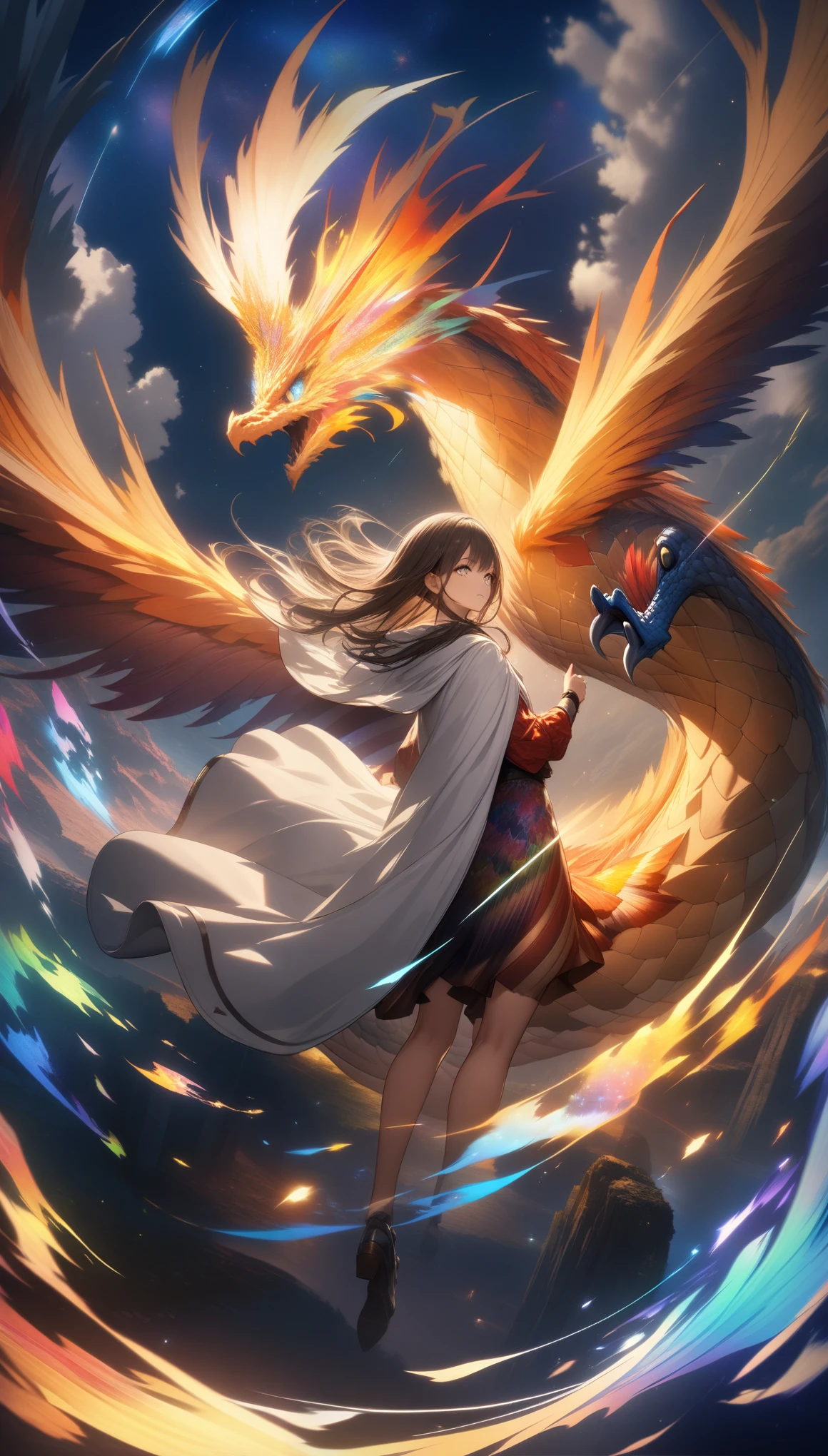 Chinese white divine dragon soared into the air，（Girl manipulates dragons：1.3），（The girl stands with her back to the camera：1.3），Heavenly clouds surround the neighborhood，Light magic，fantastic background，Background value，Funny background，There is an artistic overlay of multi-colored hair, Surrealism, Cinematic lighting, ray tracing, God&#39;s light, speed line, viewing angle, Hyper HD, masterpiece, Best quality, super detail, A high resolution, high quality，（distant view：1.3）