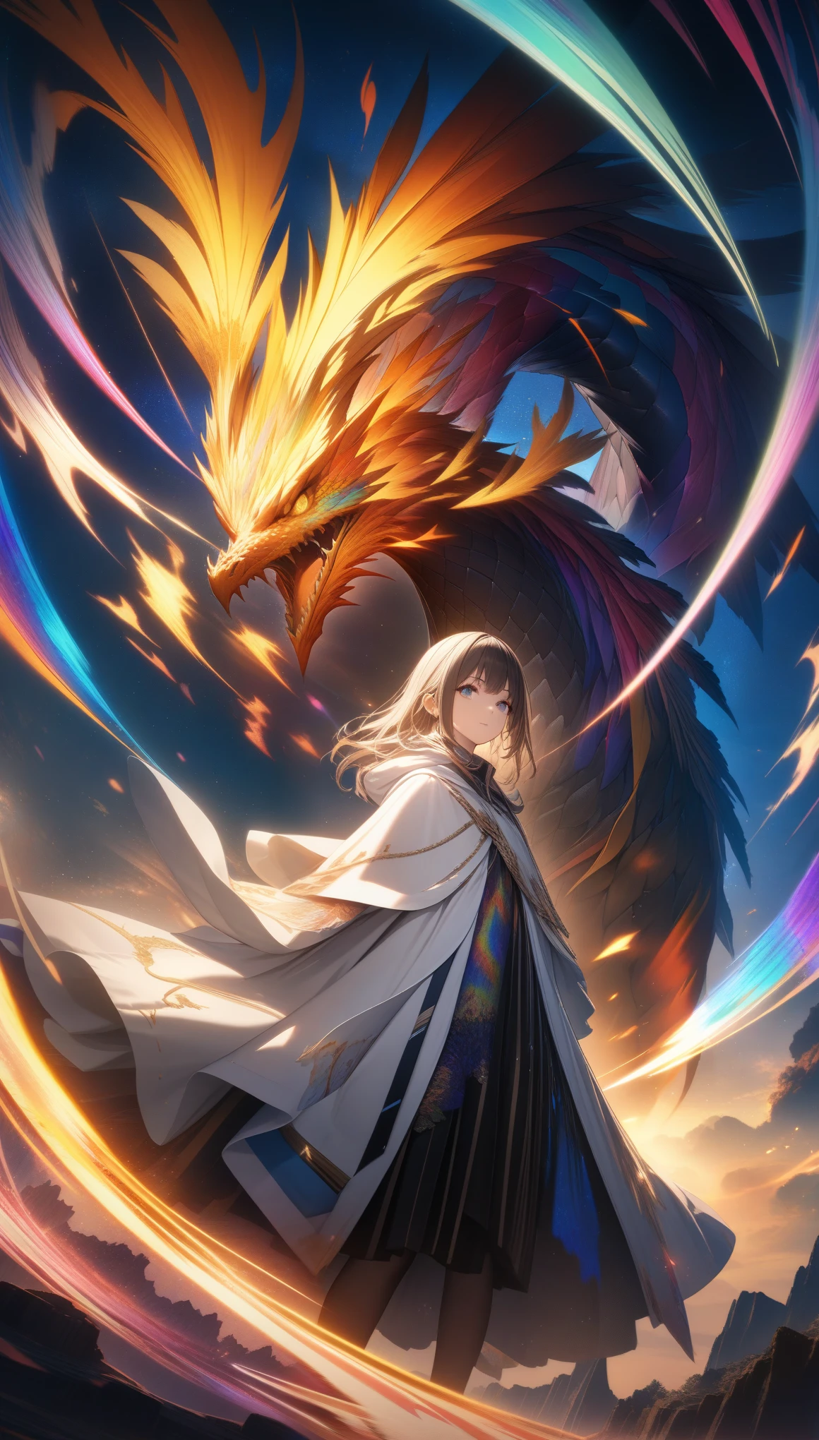 Anime girl standing in front of a dragon fighting with dragon, sky back, memory trapped in time and space species, infinite space background, ((Makoto Shinkai)), brave and evil dragon, evil dragon spouting dragon breath, Shakespeare's romance, ethereal, anime art wallpaper 8K, anime art wallpaper 8K, anime art wallpaper 8K, time fragments, ethereal anime, 8k anime wallpaper, beautiful fantasy anime, anime art wallpaper 8k, 8K manga wallpaper, anime art wallpaper, 8k anime art wallpaper 8K, anime fantasy illustration, anime fantasy artwork, beautiful anime artwork, anime epic artwork anime fantasy artwork, beautiful anime artwork, anime epic artwork, official art, Unity 8k wallpaper, super detailed, beautiful and beautiful, Obra-prima, best quality, (dynamic angle: 1.4), romantic depth of field exotic_Dance,,PerfectNwsjMajic,(Obra-prima, top quality, best quality, official art, Beauty and aesthetics: 1.2), extreme detail, colorful, highest detail, Obra-prima, best quality t, reality,