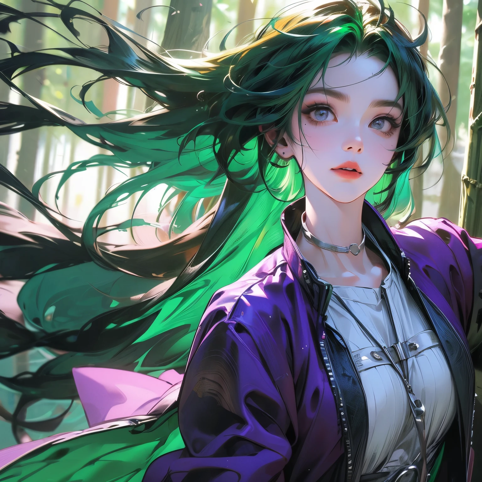 1girl, solo, (forest green hair:1.2), Asymmetrical haircut, (violet clothes:1.2) masterpiece, best quality, photorealistic, realistic, , caustics, subsurface scattering , wind