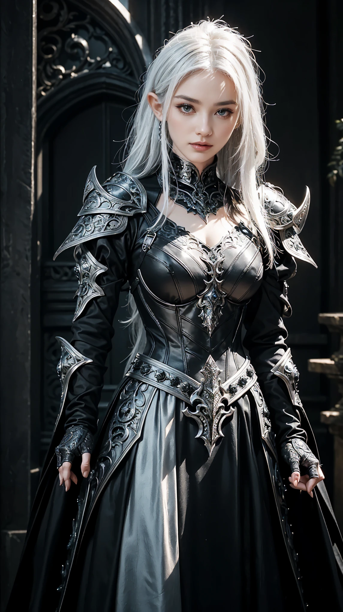 a close up of a woman in a black dress with white hair, stunning armor, pale black armor, detailed fantasy armor, scandelous fantasy armor, intricate armor details, fantasy armor, very stylish fantasy armor, ornate bikini armor, wearing fantasy armor, beautiful armor, filigree armour, elven armor, photogenic details on armor, detailed armor, ornate cosplay