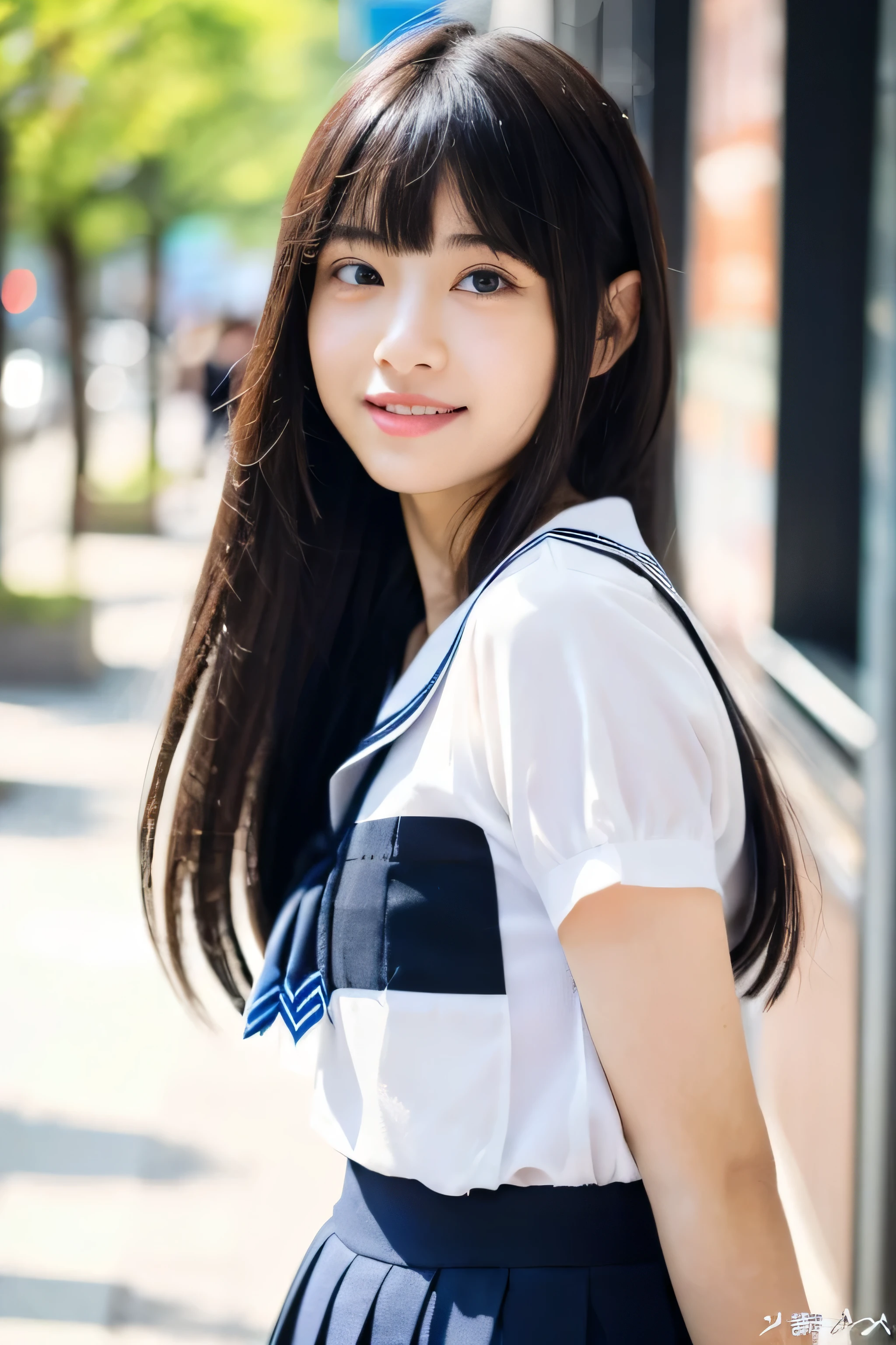 (This is a shopping mall on a sunny day) (Photo of upper body from waist up) (Japanese solo photoshoot'The most beautiful 12-year-old junior high school girls)) ((Her deep black hair is incredibly straight and extremely long. Extremely Long Hair Very high quality, Shiny deep black Absolutely Extremely Long Hair Extremely Long Hair、Absolutely Extremely Long Hair with Beautiful Deep Black Absolutely Extremely Long Hair with deep black hair and high quality Extremely Long Hair like silk Absolutely Extreme Long Hair with Deep Black Hair Extremely Long Hair with Deep Black Hair of High Quality Thin hair And that is'rich Extremely Long Hair with very detailed and high quality deep black hair)) ((highest quality)), ((masterpiece)), (familiar) (Get used to it) Perfect Face (Her skin is a typical Japanese skin color.....、Very detailed) (She is wearing a summer sailor uniform and a navy blue super short pleated skirt.) (She has a pretty face and a typical Japanese figure..., Narrow eyes.) (Her bangs Well Organized) (She has perfectly detailed fine skin Natural Makeup) ((rich 1.4)) (Extremely detailed 8K) (Stable Diffusion Model) (Ultra-fine skin texture 1.4) (Actual, Vibrant:1.4), double eyelid Sharp focus:1.2、Beautiful woman:1.4 Dynamic Lighting (Genuine RAW photos taken by professional photographers) (Her long bangs、Well Organized) (Turn your whole body to the viewer) Professionally lit from the front (She is looking at the viewer with her mouth wide open and a big smile.) Her name is Takaki_truth love 3