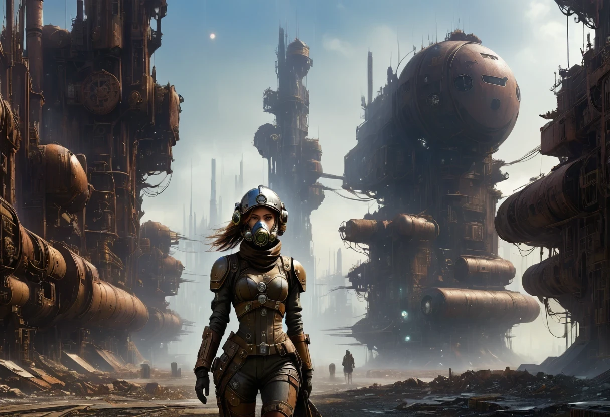 Future cyberpunk mechanical girl wearing a future gas mask walking through the destroyed future city,Silver Mechanical Girl,There are many rusty structures in the air, scenic Dystopian environment, Dystopian environment, Industrial science fiction, Industrial science fiction, Industrial science fiction, steampunk factory background, Dystopian digital concept art, Steampunk city, post-apocalyptic factory, Ancient Steampunk City, Industrial science fiction, Steampunk concept art, Dystopian alien landscape, In a steampunk cityscape, Dystopian Landscape
