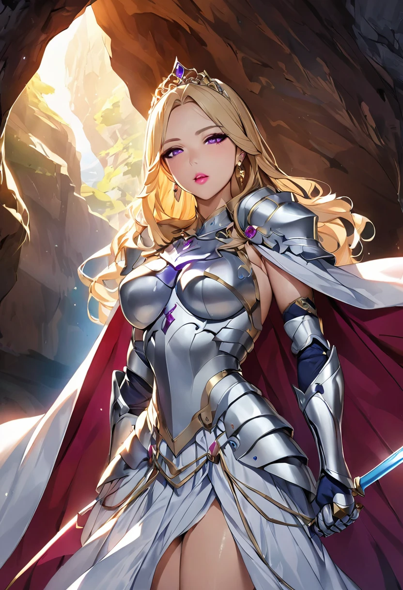 NSFW, masterpiece、highest quality、Ultra-high resolution、Maximum resolution、very detailed、Professional Lighting、anime、Adult women、thin、so beautiful、Beautiful face、dress、Light blue armor、Shiny Armor、Gorgeous tiara、Golden earrings、Blonde、purple eyes、Pink Lips、Holding a sword、Cape、cave