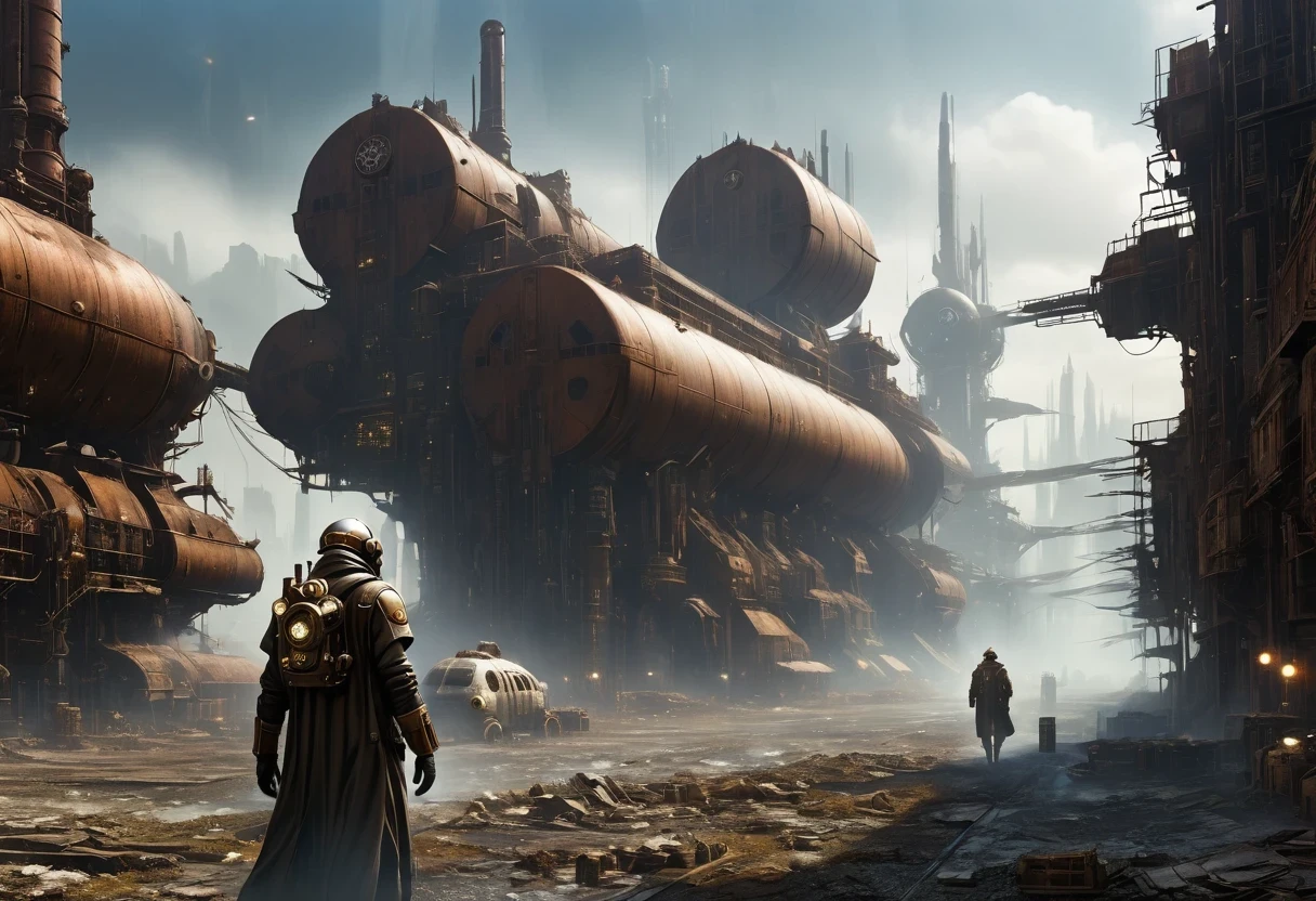 Futuristic white-robed doctor wearing futuristic gas mask walking through a destroyed future city，There are many rusty structures in the air, scenic Dystopian environment, Dystopian environment, Industrial science fiction, Industrial science fiction, Industrial science fiction, steampunk factory background, Dystopian digital concept art, Steampunk city, post-apocalyptic factory, Ancient Steampunk City, Industrial science fiction, Steampunk concept art, Dystopian alien landscape, In a steampunk cityscape, Dystopian Landscape