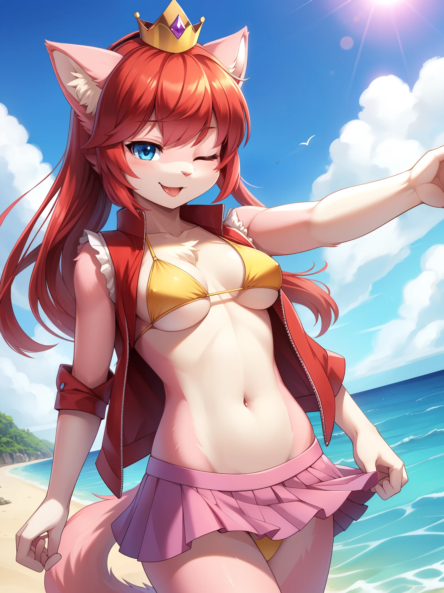 furry girl, cat, red hair, bangs, long ponytail, medium breasts, blue eyes, ((red vest, open clothes, yellow bikini, purple skirt, princess crown)), high quality, detailed body, detailed eyes, detailed face, masterpiece, glistening body, detailed body fur, best quality, two tone body, pink fur, clear pink fur, perfect lighting, perfect shadows, perfect eyes, perfect hair, perfect face, gorgeous body,  (wink, one eye closed), beach, clear sky, :P, solo,