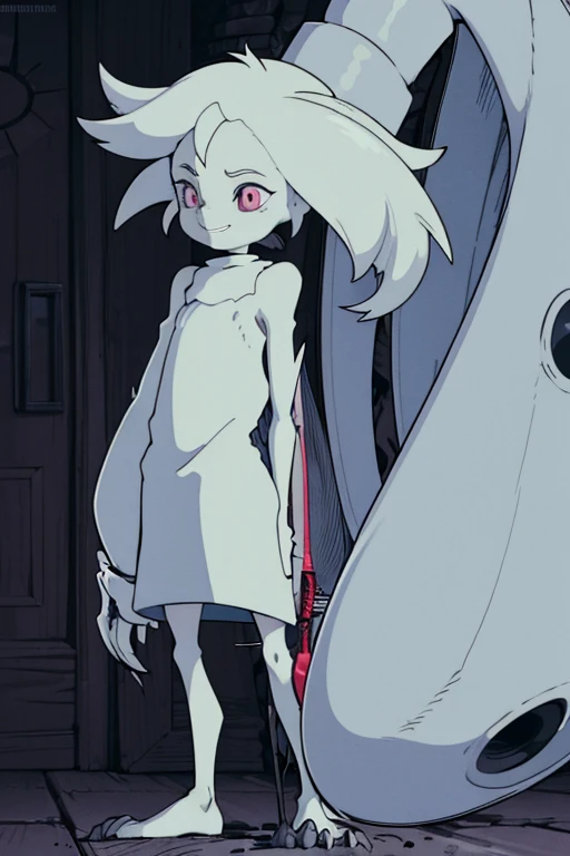 Full body zany/crazy cartoon scientist character, in the style of Inside video game, extremely short stature, grossly oversized head, few spiky white hairs on top, twisted exaggerated facial features, bulging wide eyes with manic glint, yellowed protruding buck teeth grin, tattered stained white lab coat reaching past knees, pockets stuffed with odd gadgets/tools, elongated bony arms with claw-like hands, spindly legs much too long for body, unsettling mad eccentric scientist vibe, muted monochrome palette with eerie red splashes of color