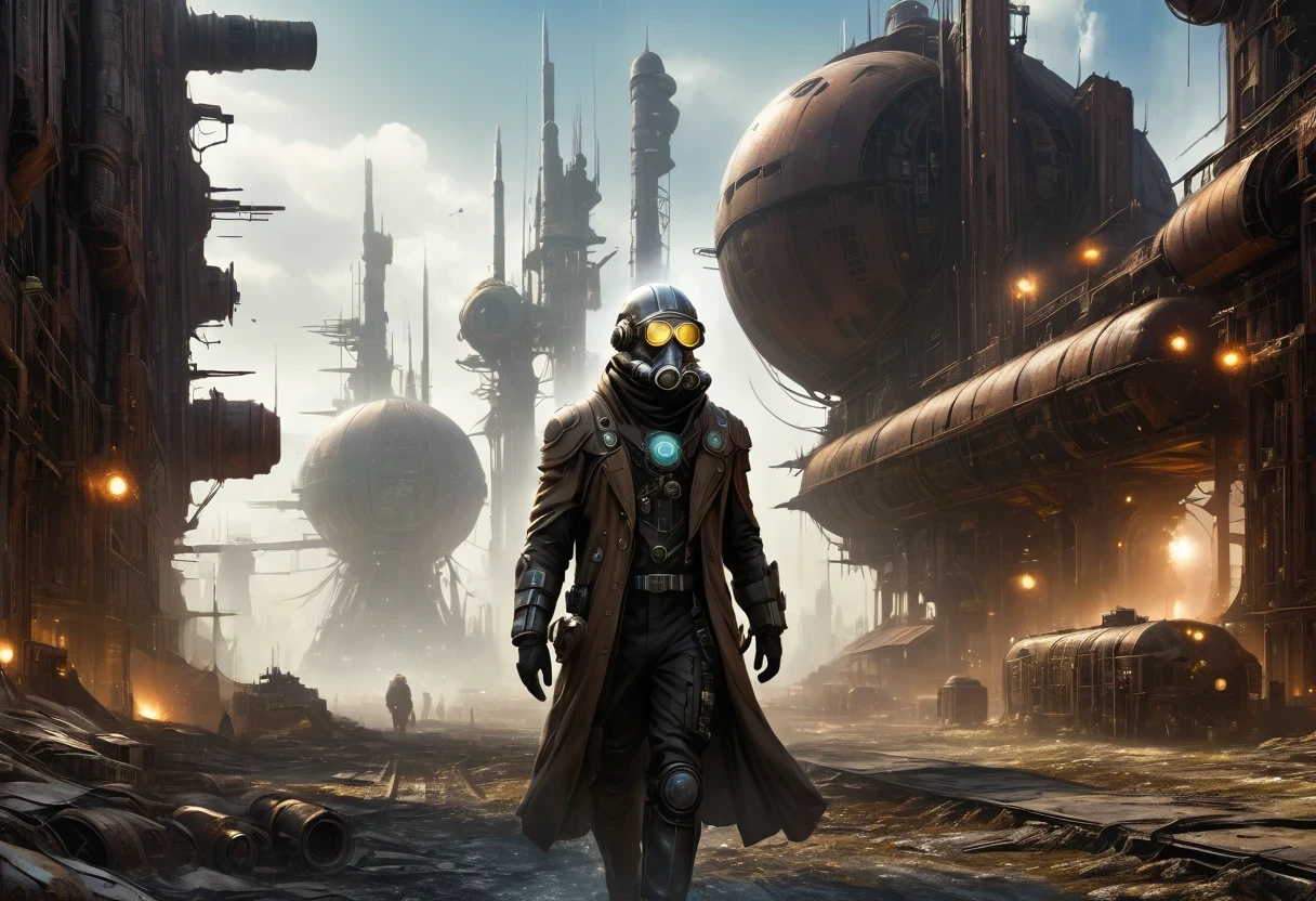 Futuristic white-robed doctor wearing futuristic gas mask walking through a destroyed future city,There are many rusty structures in the air, scenic Dystopian environment, Dystopian environment, Industrial science fiction, Industrial science fiction, Industrial science fiction, steampunk factory background, Dystopian digital concept art, Steampunk city, post-apocalyptic factory, Ancient Steampunk City, Industrial science fiction, Steampunk concept art, Dystopian alien landscape, In a steampunk cityscape, Dystopian Landscape