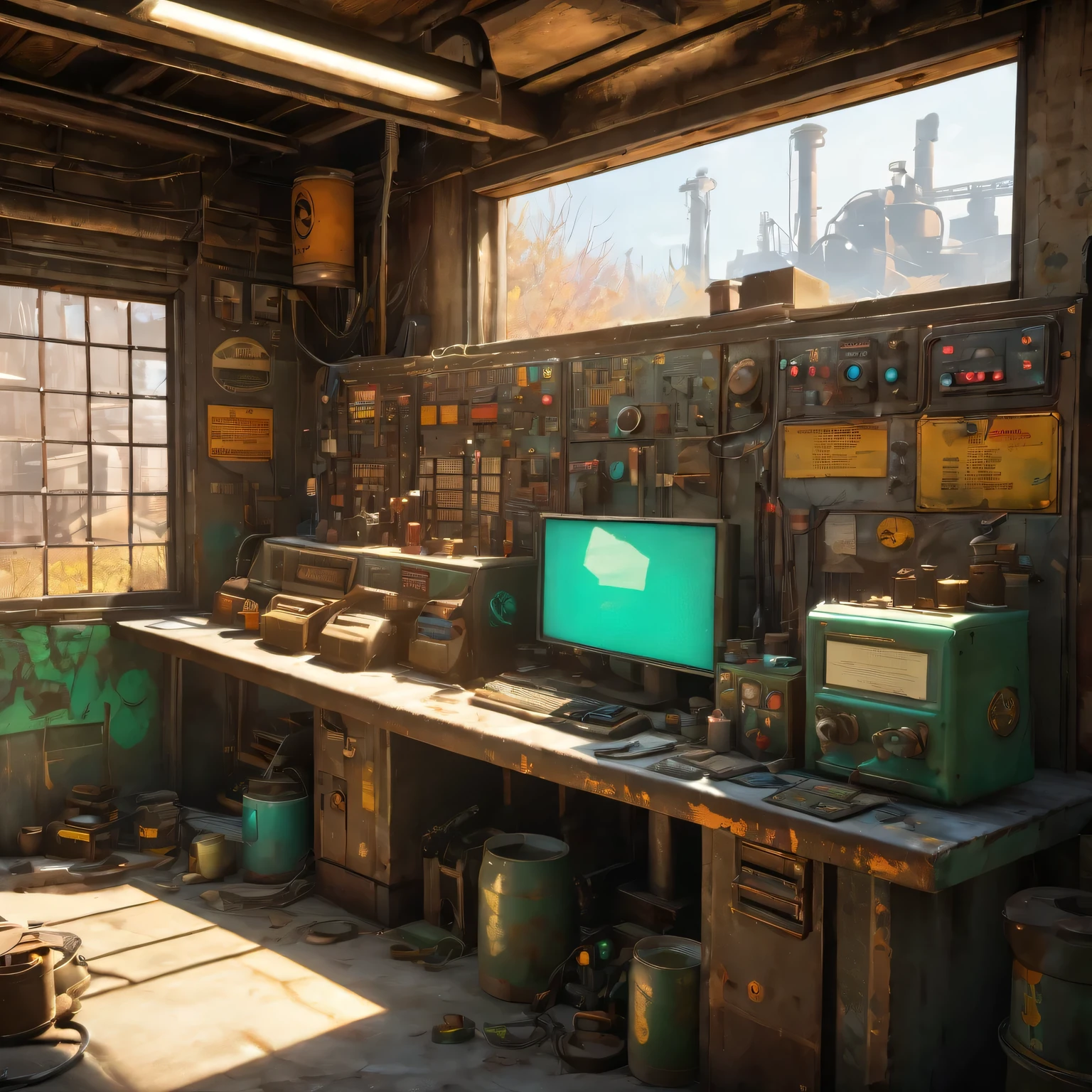 best quality, 4k, 8k, highres, masterpiece:1.2, ultra-detailed, realistic:1.37, HDR, UHD, studio lighting, ultra-fine painting, sharp focus, physically-based rendering, extreme detail description, professional, vivid colors, bokeh, (《Fallout 4》Repair Station in the game), rusty metal walls, flickering fluorescent lights, scattered tools and spare parts, a dusty workbench filled with old computer and wires, repair manuals stacked haphazardly, Machine waiting for repair,(heavy duty repair equipment),small windows covered in grime, a sign that says "Welcome to the Repair Station", a poster of a nuclear reactor with warning signs, old coffee mugs with faded logos, graffiti on the walls depicting mutated creatures color scheme with desaturated, muted tones, giving a sense of the post-apocalyptic world soft, dim lighting from the flickering fluorescent lights, casting eerie shadows on the walls and objects