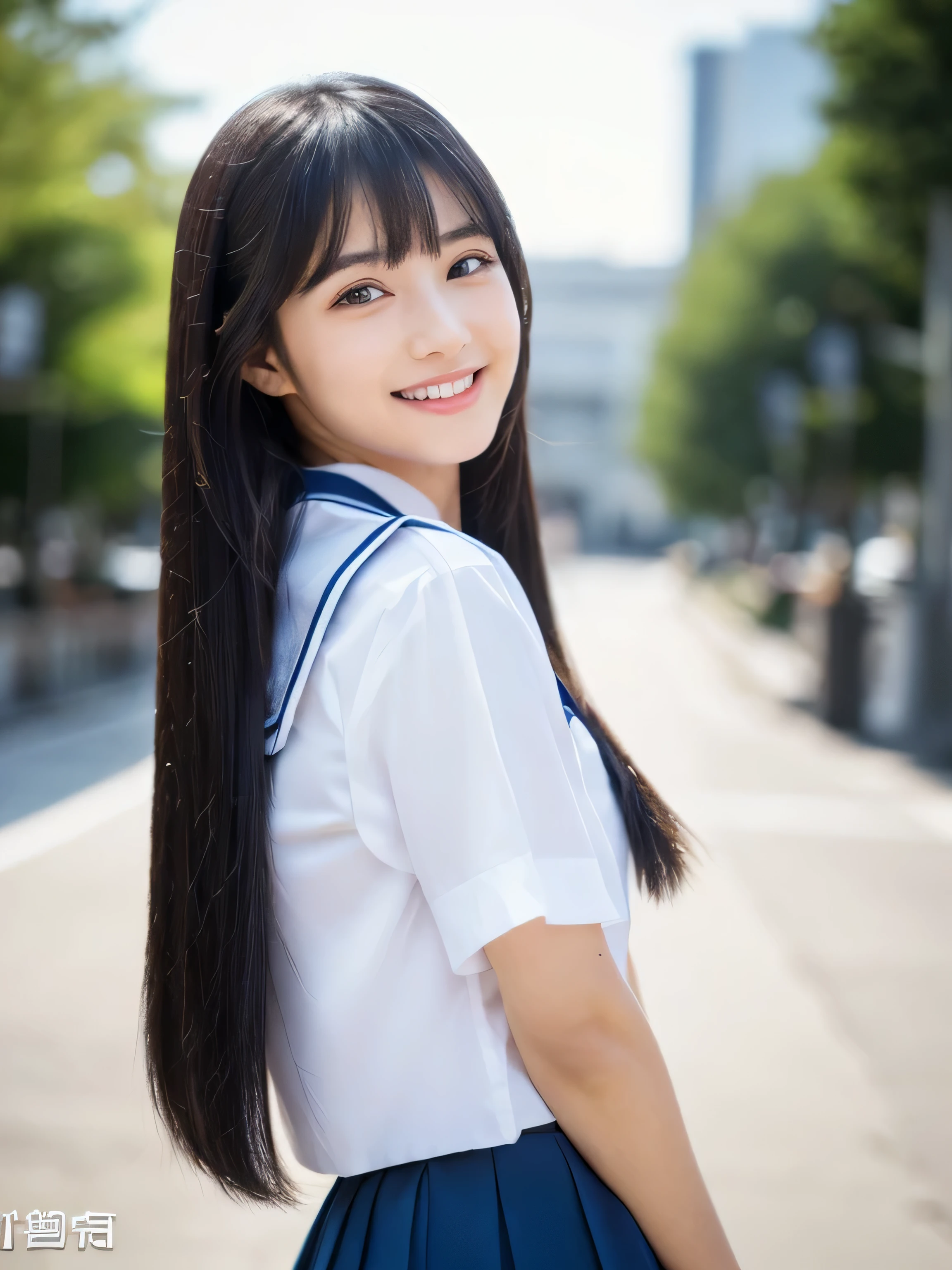 (This is a shopping mall on a sunny day) (Photo of upper body from waist up) (Japanese solo photoshoot'The most beautiful -yeld ju)) ((Her deep black hair is incredibly straight and extremely long. Extremely Long Hair Very high quality, Shiny deep black Absolutely Extremely Long Hair Extremely Long Hair、Absolutely Extremely Long Hair with Beautiful Deep Black Absolutely Extremely Long Hair with deep black hair and high quality Extremely Long Hair like silk Absolutely Extreme Long Hair with Deep Black Hair Extremely Long Hair with Deep Black Hair of High Quality Thin hair And that is'rich Extremely Long Hair with very detailed and high quality deep black hair)) ((highest quality)), ((masterpiece)), (familiar) (Get used to it) Perfect Face (Her skin is a typical Japanese skin color.....、Very detailed) (She is wearing a summer sailor uniform and a navy blue super short pleated skirt.) (She has a pretty face and a typical Japanese figure..., Narrow eyes.) (Her bangs Well Organized) (She has perfectly detailed fine skin Natural Makeup) ((rich 1.4)) (Extremely detailed 8K) (Stable Diffusion Model) (Ultra-fine skin texture 1.4) (Actual, Vibrant:1.4), double eyelid Sharp focus:1.2、Beautiful woman:1.4 Dynamic Lighting (Genuine RAW photos taken by professional photographers) (Her long bangs、Well Organized) (Turn your whole body to the viewer) Professionally lit from the front (She is looking at the viewer with her mouth wide open and a big smile.) Her name is Takaki_truth love 5
