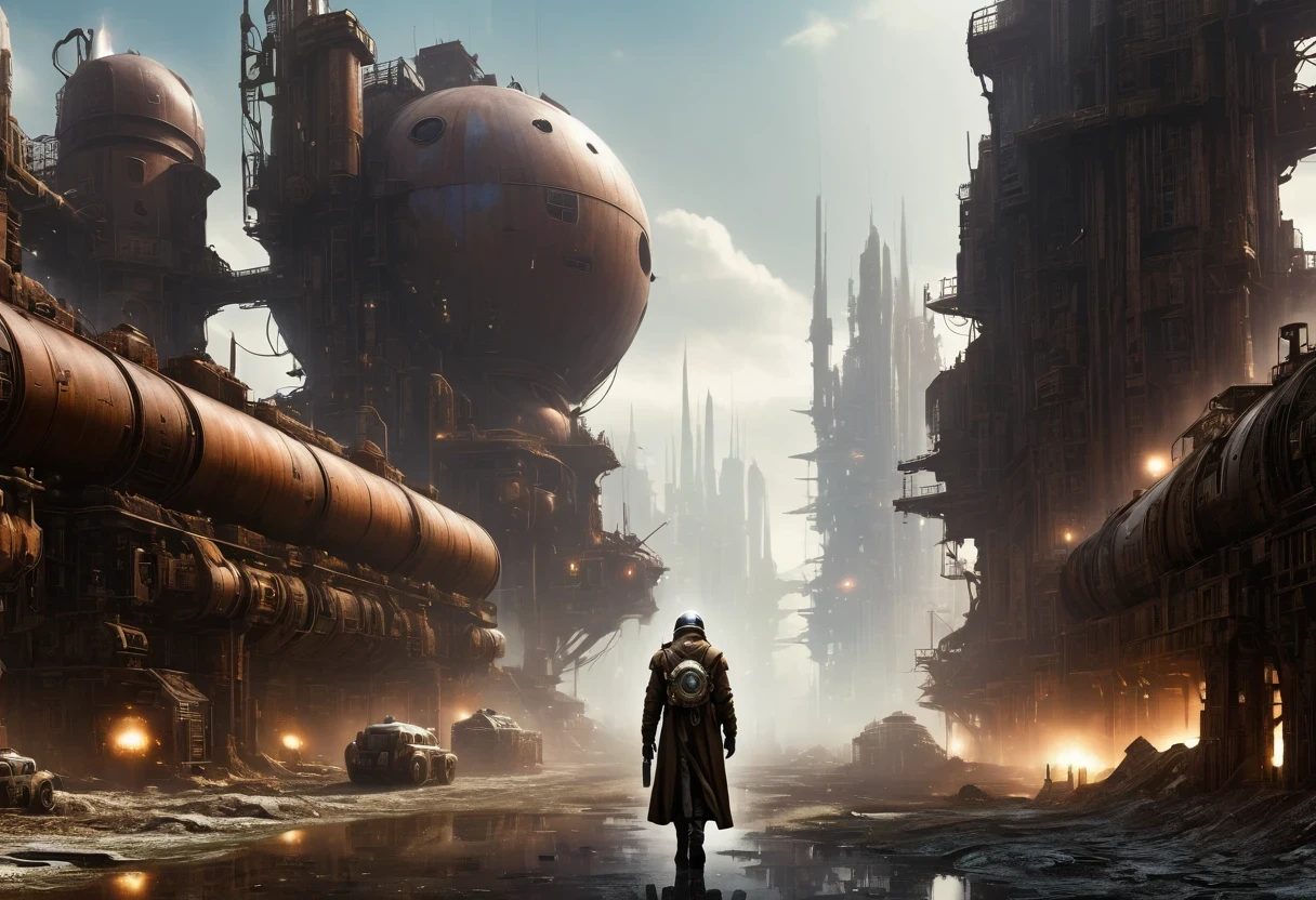Futuristic white-robed doctor wearing futuristic gas mask walking through a destroyed future city,There are many rusty structures in the air, scenic Dystopian environment, Dystopian environment, Industrial science fiction, Industrial science fiction, Industrial science fiction, steampunk factory background, Dystopian digital concept art, Steampunk city, post-apocalyptic factory, Ancient Steampunk City, Industrial science fiction, Steampunk concept art, Dystopian alien landscape, In a steampunk cityscape, Dystopian Landscape