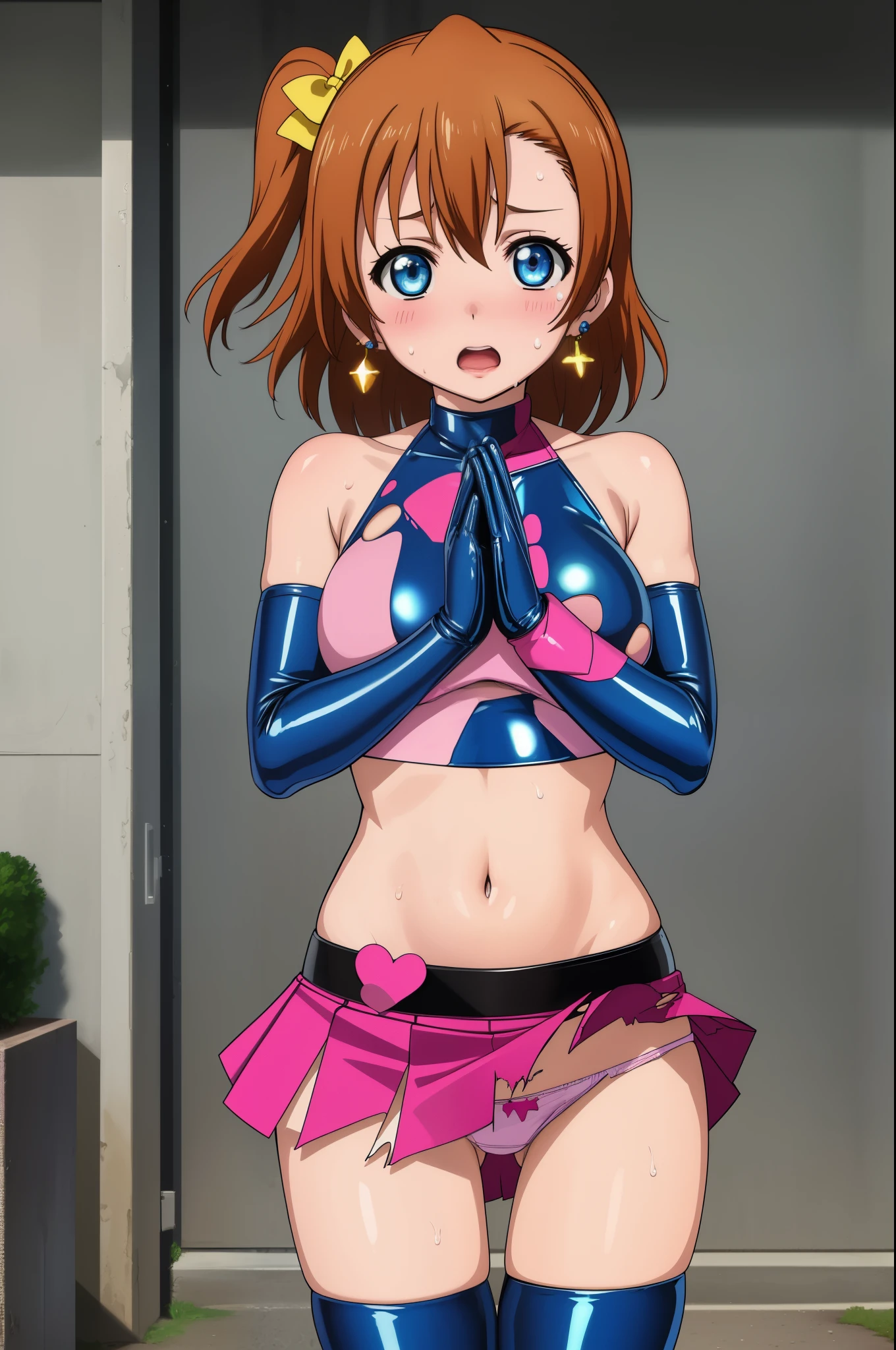 masterpiece, best quality,8k wallpaper, facing viewer,blue eyes,cowboy shot,kousaka honoka, (pink tight crop top), halter neck,breasts , elbow gloves, (pink latex skirt),mini skirt ,in street , solo, (standing:0.8), earrings , crotch , own hands together,begging, masturbating , panties , (torn clothes:1.1),sweaty