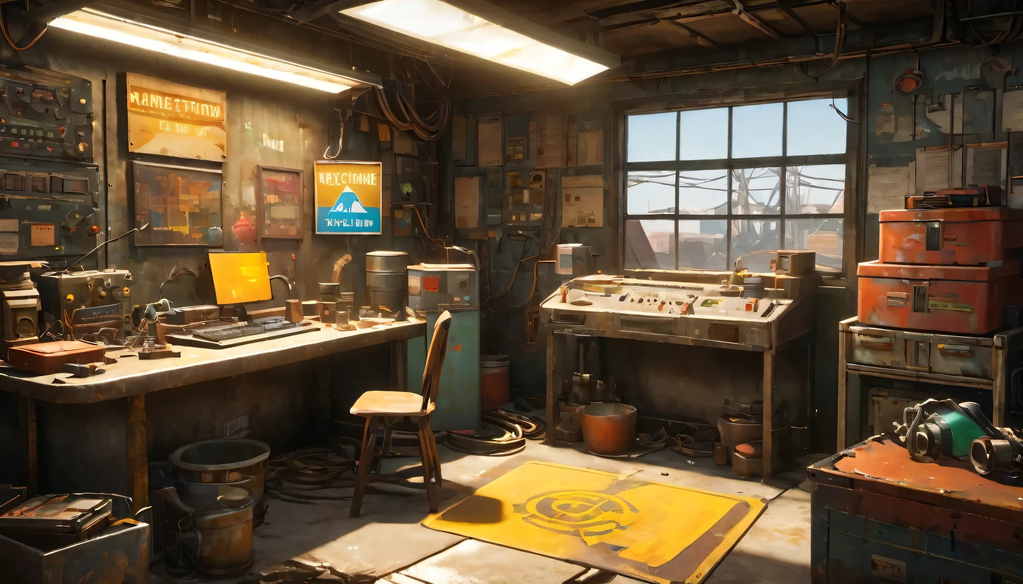 best quality, 4k, 8k, highres, masterpiece:1.2, ultra-detailed, realistic:1.37, HDR, UHD, studio lighting, ultra-fine painting, sharp focus, physically-based rendering, extreme detail description, professional, vivid colors, bokeh, (《Fallout 4》Repair Station in the game), rusty metal walls, flickering fluorescent lights, scattered tools and spare parts, a dusty workbench filled with old computer and wires, repair manuals stacked haphazardly, Machine waiting for repair,(heavy duty repair equipment),small windows covered in grime, a sign that says "Welcome to the Repair Station", a poster of a nuclear reactor with warning signs, old coffee mugs with faded logos, graffiti on the walls depicting mutated creatures color scheme with desaturated, muted tones, giving a sense of the post-apocalyptic world soft, dim lighting from the flickering fluorescent lights, casting eerie shadows on the walls and objects