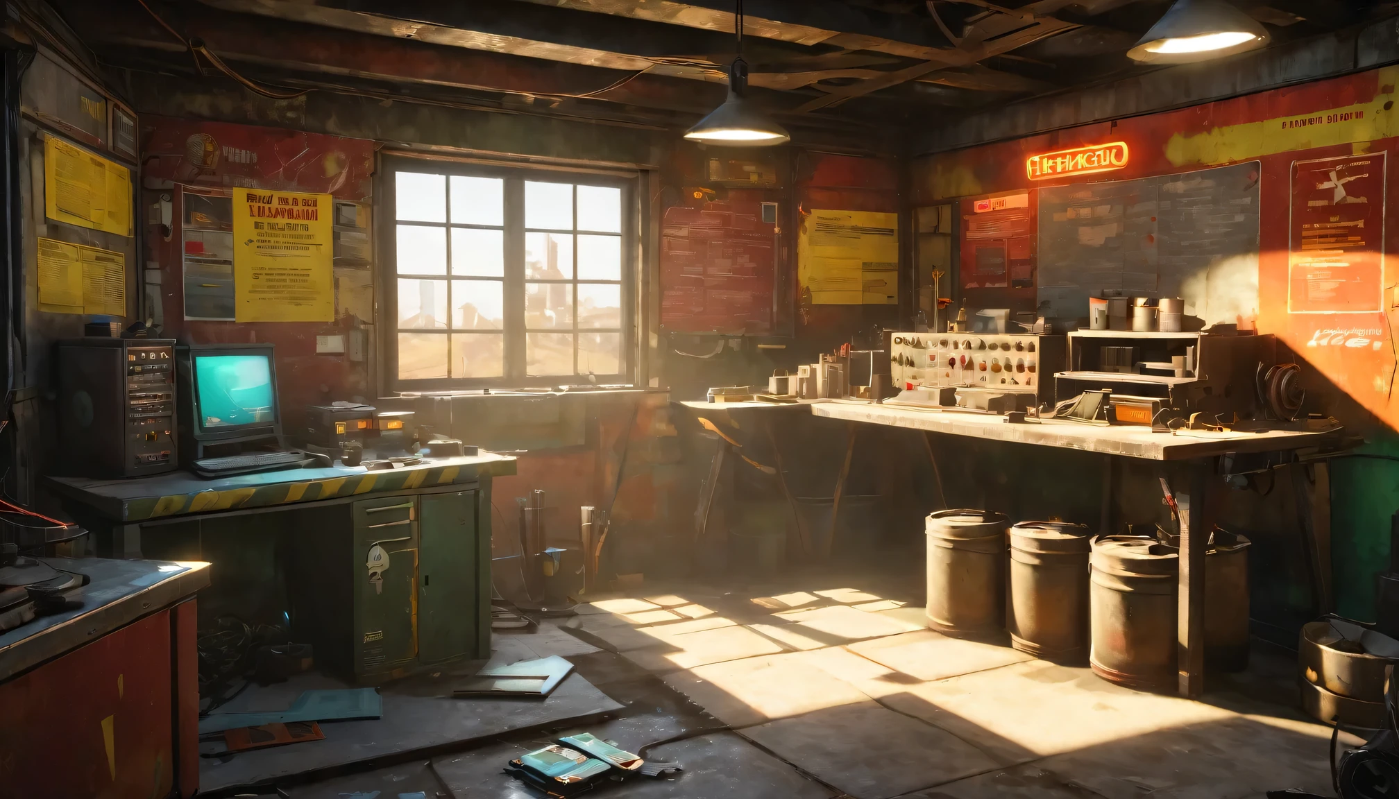 best quality, 4k, 8k, highres, masterpiece:1.2, ultra-detailed, realistic:1.37, HDR, UHD, studio lighting, ultra-fine painting, sharp focus, physically-based rendering, extreme detail description, professional, vivid colors, bokeh, (《Fallout 4》Repair Station in the game), rusty metal walls, flickering fluorescent lights, scattered tools and spare parts, a dusty workbench filled with old computer and wires, repair manuals stacked haphazardly, Machine waiting for repair,(heavy duty repair equipment),small windows covered in grime, a sign that says "Welcome to the Repair Station", a poster of a nuclear reactor with warning signs, old coffee mugs with faded logos, graffiti on the walls depicting mutated creatures color scheme with desaturated, muted tones, giving a sense of the post-apocalyptic world soft, dim lighting from the flickering fluorescent lights, casting eerie shadows on the walls and objects