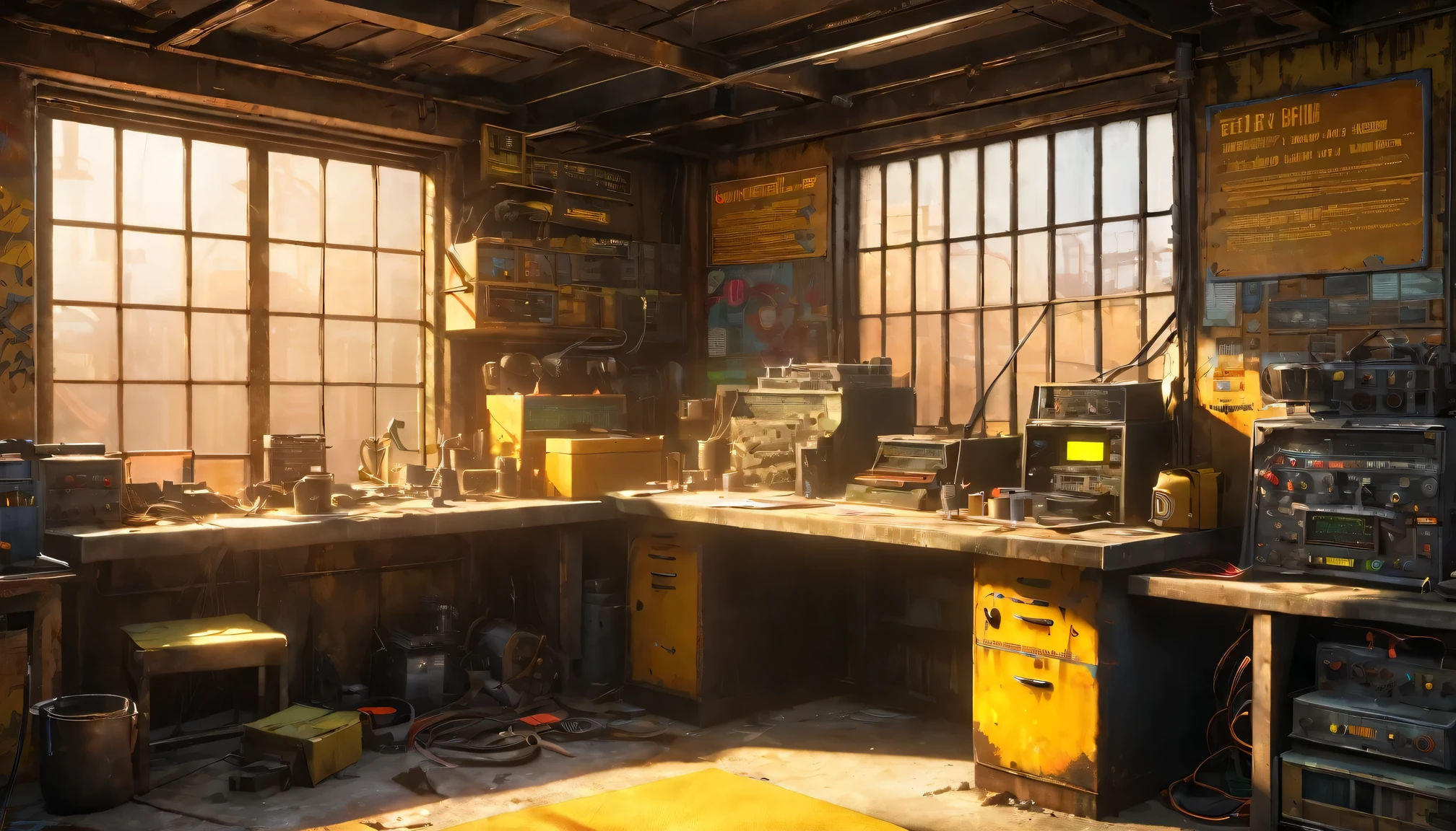 best quality, 4k, 8k, highres, masterpiece:1.2, ultra-detailed, realistic:1.37, HDR, UHD, studio lighting, ultra-fine painting, sharp focus, physically-based rendering, extreme detail description, professional, vivid colors, bokeh, (《Fallout 4》Repair Station in the game), rusty metal walls, flickering fluorescent lights, scattered tools and spare parts, a dusty workbench filled with old computer and wires, repair manuals stacked haphazardly, Machine waiting for repair,(heavy duty repair equipment),small windows covered in grime, a sign that says "Welcome to the Repair Station", a poster of a nuclear reactor with warning signs, old coffee mugs with faded logos, graffiti on the walls depicting mutated creatures color scheme with desaturated, muted tones, giving a sense of the post-apocalyptic world soft, dim lighting from the flickering fluorescent lights, casting eerie shadows on the walls and objects